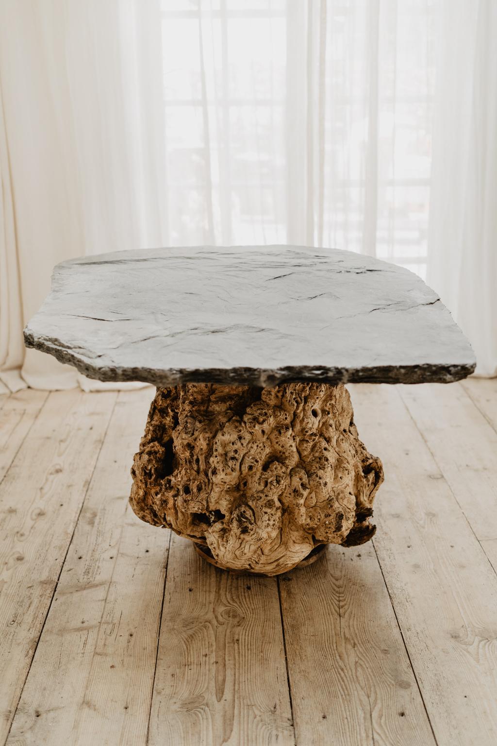 A unique piece this Belgian slate topped table on burr chestnut treetrunk base ..
A statement in your interior ... or in your garden.