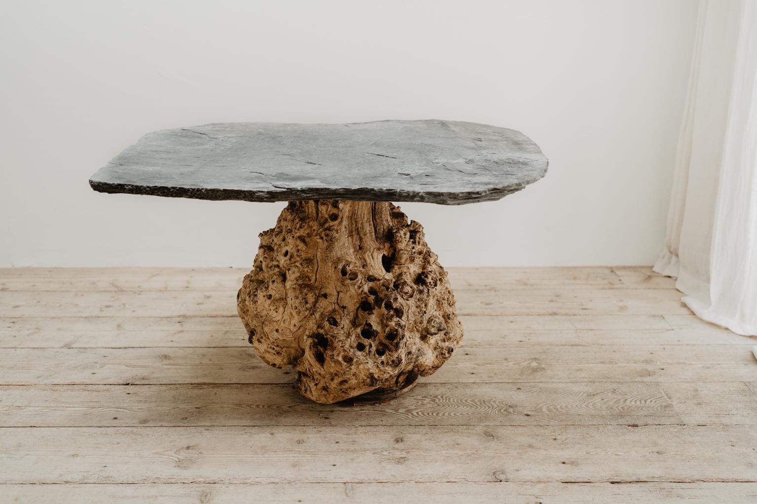 Customized Table, Burr Chestnut Base with Belgian Slate Top In Good Condition For Sale In Brecht, BE