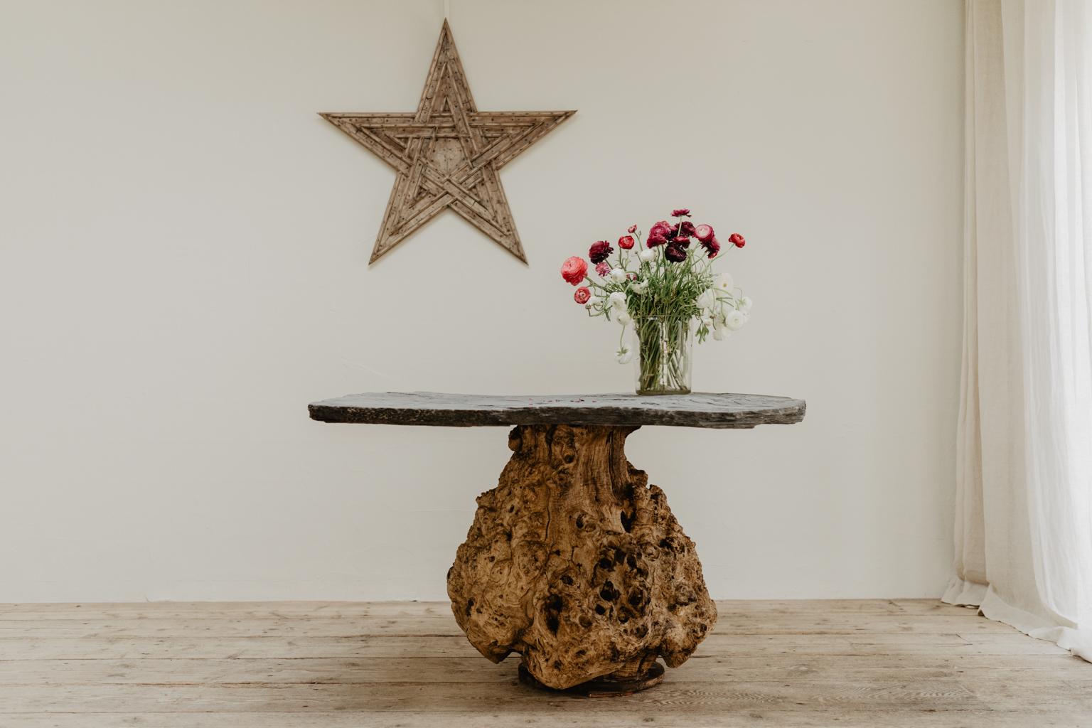 Contemporary Customized Table, Burr Chestnut Base with Belgian Slate Top For Sale