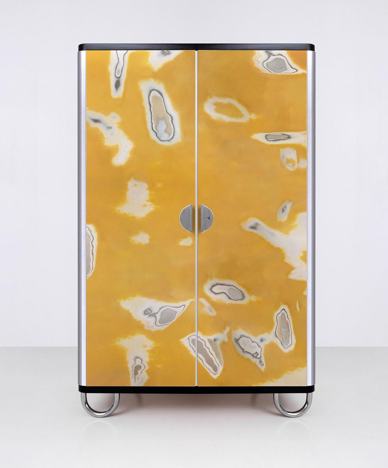 Modern Customized Two-Door Wardrobe, Graphical Polished Lacquer, Chromium Plated Metal For Sale