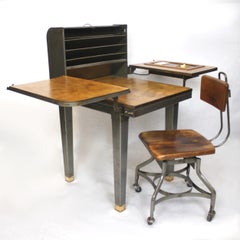 Customized Vintage Industrial Steel Folding Roll Top Desk with Chair by Toledo