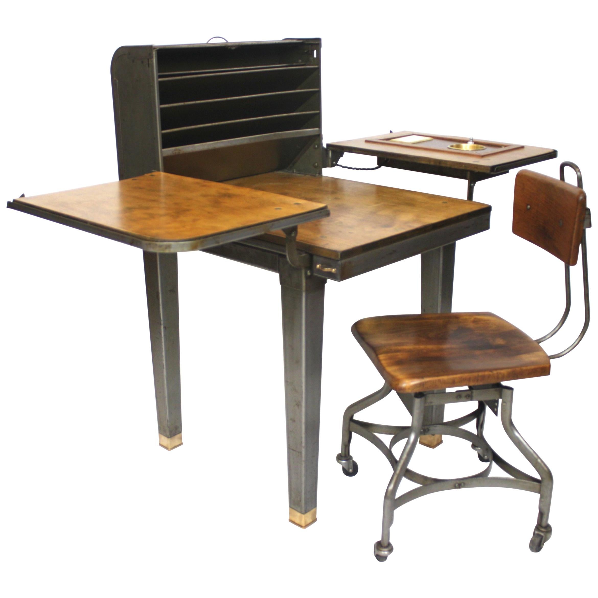 Customized Vintage Industrial Steel Folding Roll Top Desk with Chair by Toledo