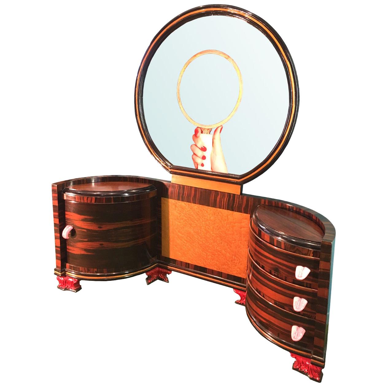 Customized Vintage Italian Design Dressing Table with Mirror and Tongue Handles For Sale