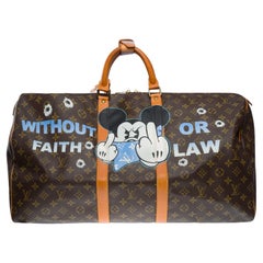 Customized "Without Faith or law" Louis Vuitton Keepall 55 Travel bag in canvas