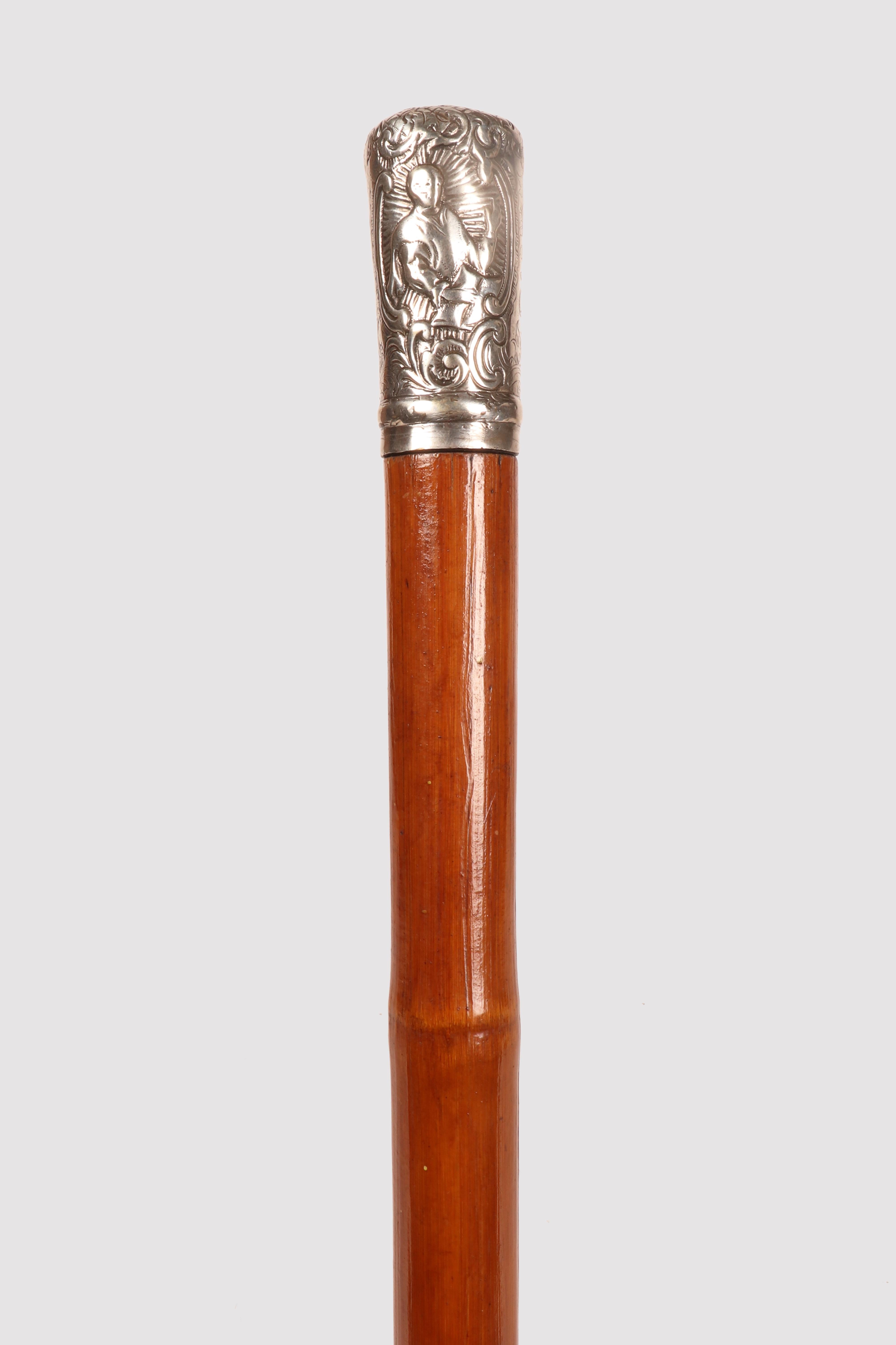 System walking stick: Probing stick, used by customs officials to push bales of cotton or other goods, looking for items on which a duty was to be paid. Bamboo wood barrel, silver knob, iron tip. By extracting the knob, a square-section iron rod