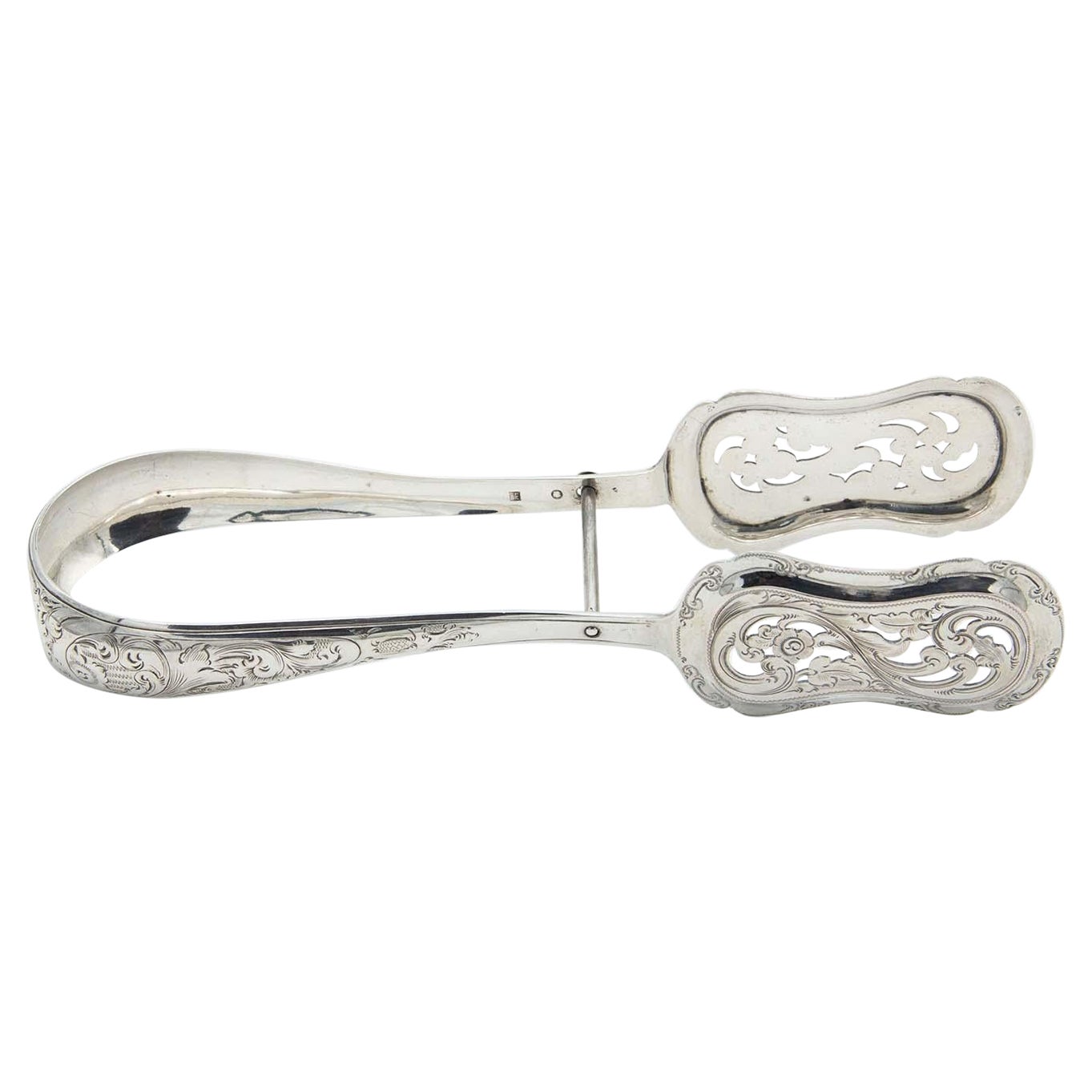 Cut and embossed silver tongs for bread or salads