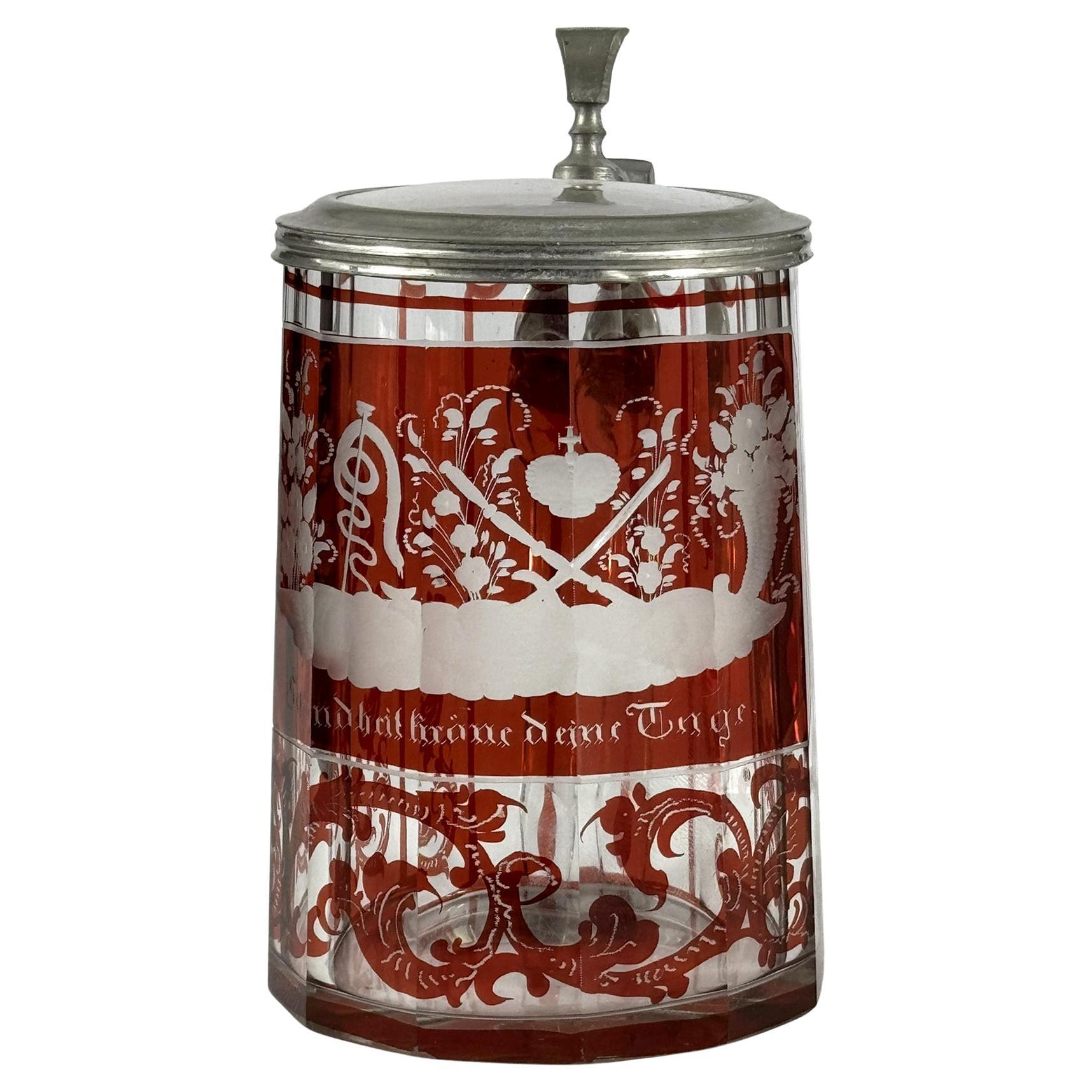 Cut And Engraved Glass Tankard - Red lazure - 19th Century