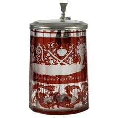 Cut And Engraved Glass Tankard - Red lazure - 19th Century