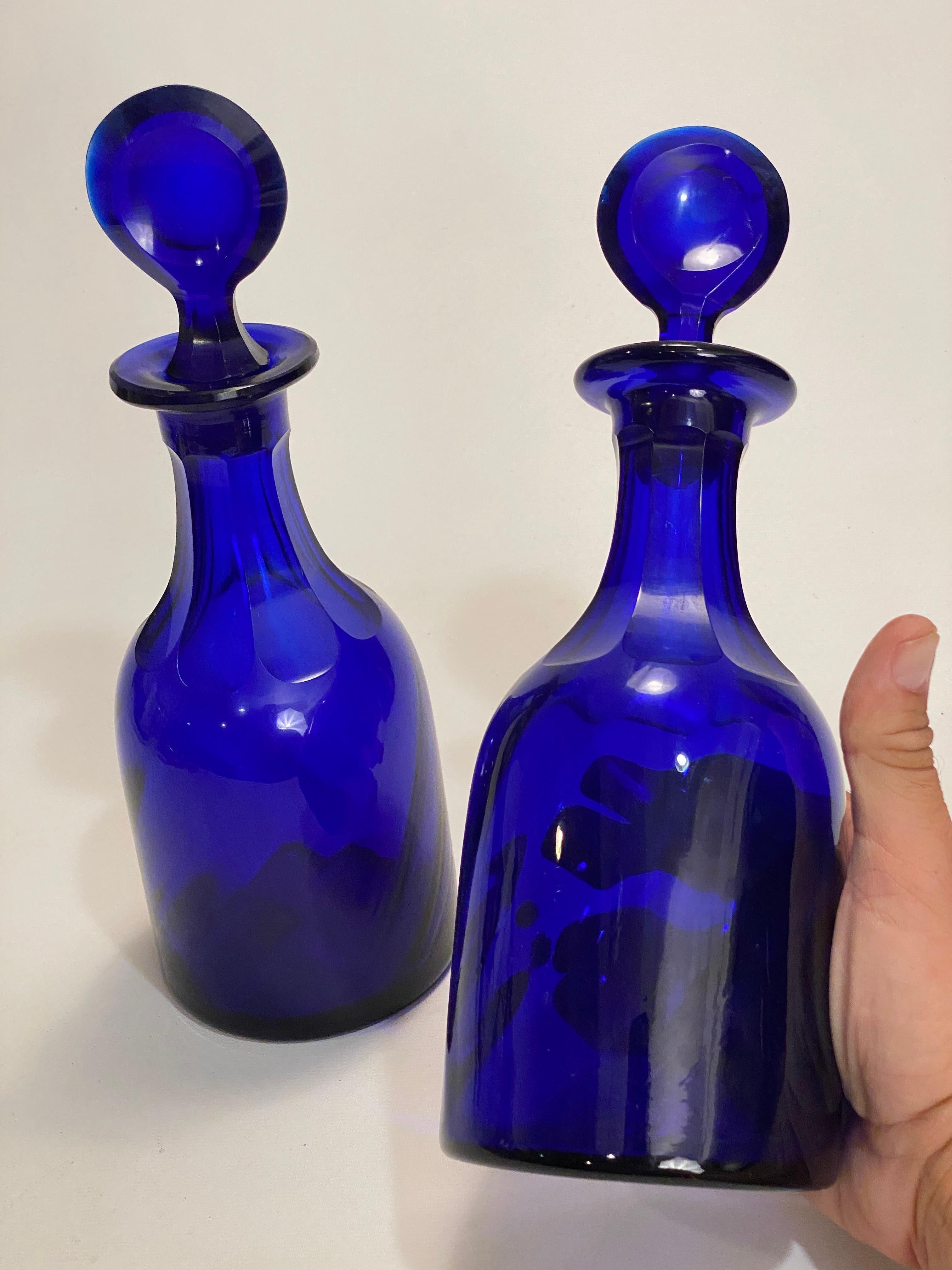 Mid-Century Modern Cut and Faceted Cobalt Glass Bottles with Stoppers, A Pair