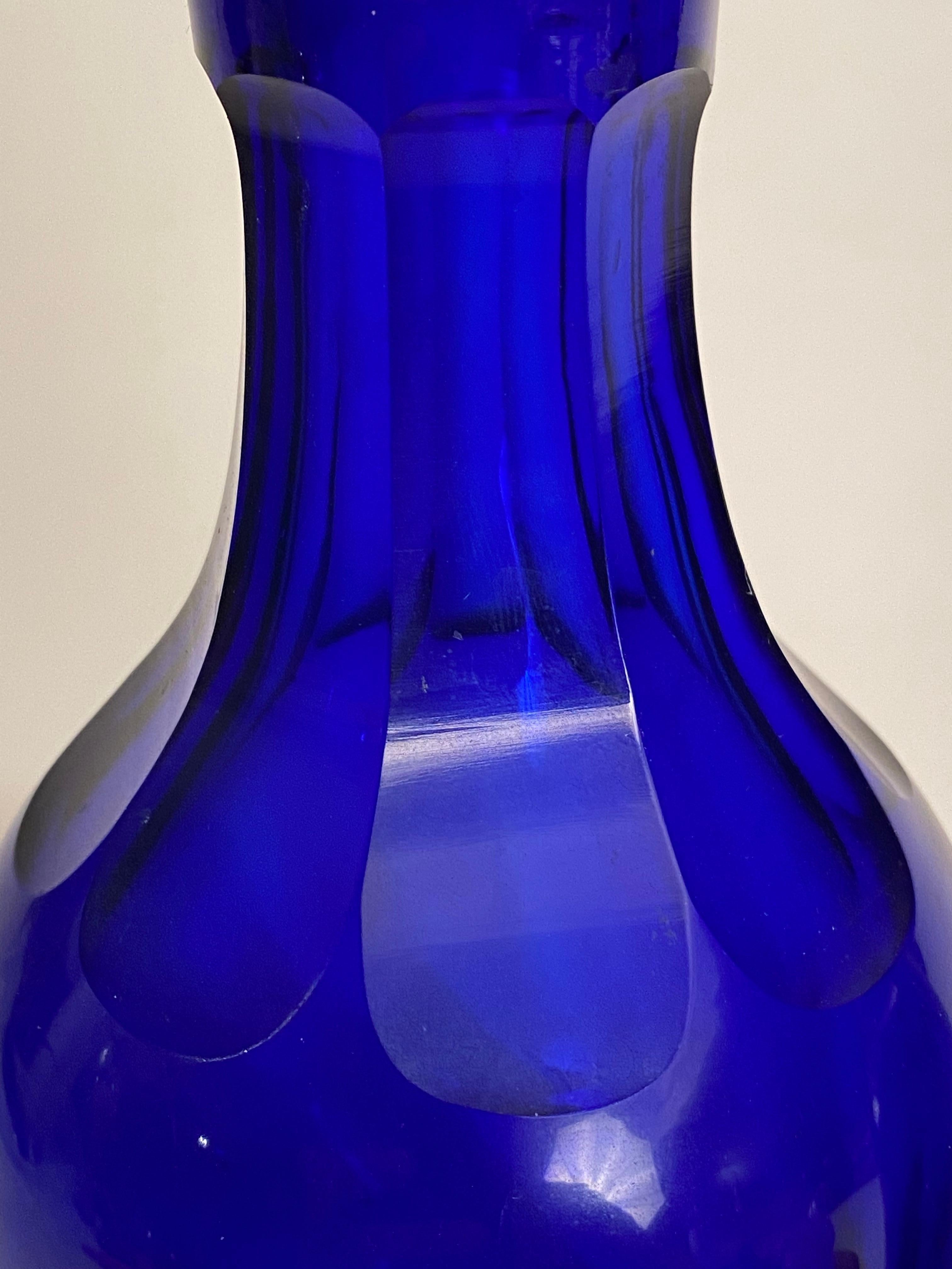 Carved Cut and Faceted Cobalt Glass Bottles with Stoppers, A Pair