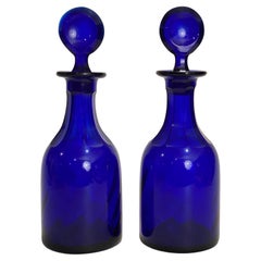 Vintage Cut and Faceted Cobalt Glass Bottles with Stoppers, A Pair