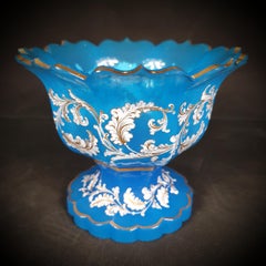 Cut Blue Moser Opaline Glass Serving Dish, Flower Shaped, Gilded and Painted