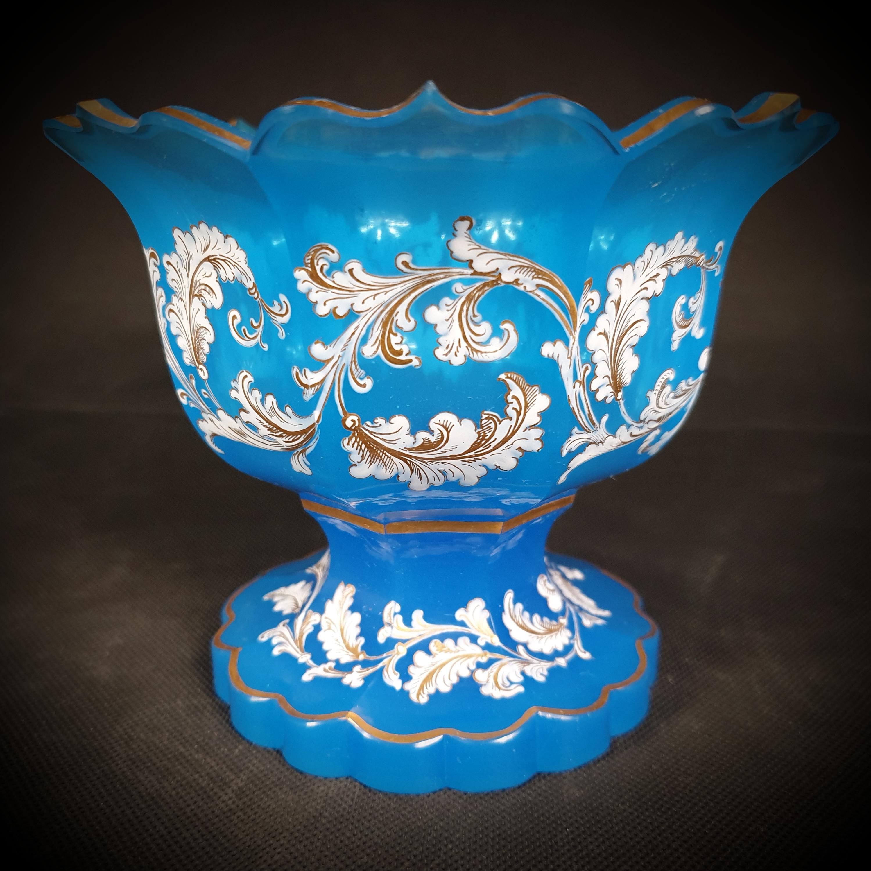 Carved Cut Blue Moser Opaline Glass Serving Dish, Flower Shaped, Gilded and Painted For Sale