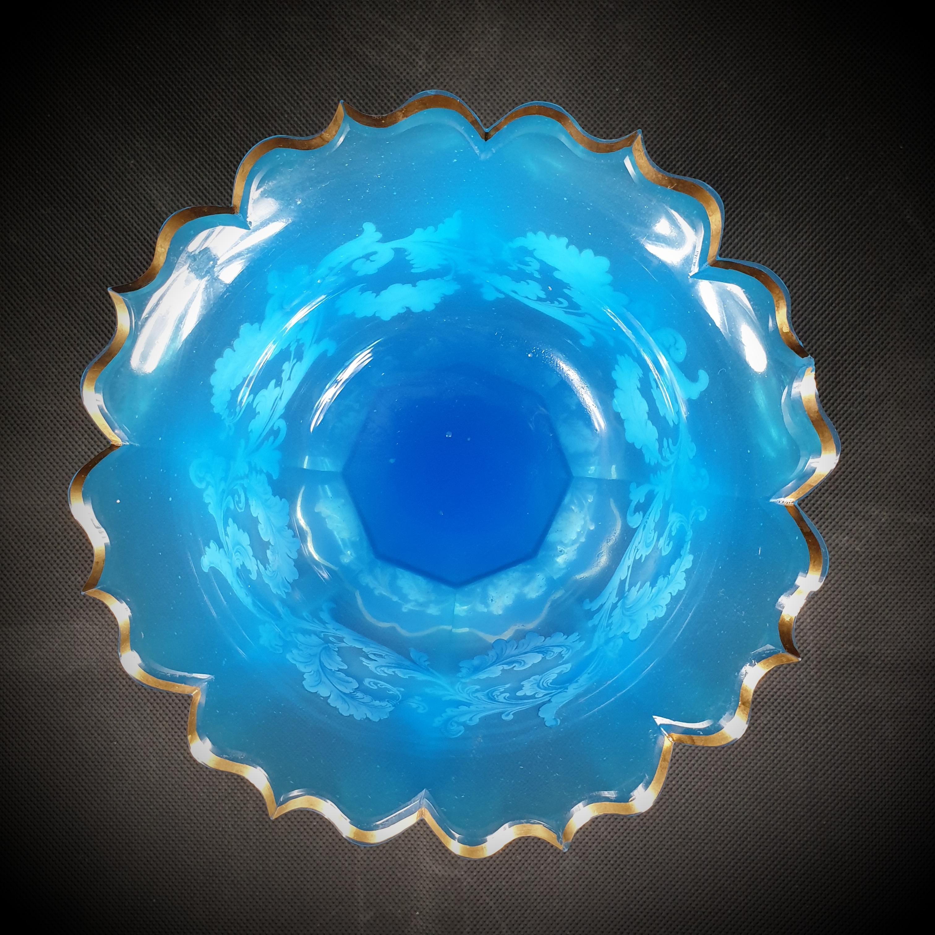19th Century Cut Blue Moser Opaline Glass Serving Dish, Flower Shaped, Gilded and Painted For Sale