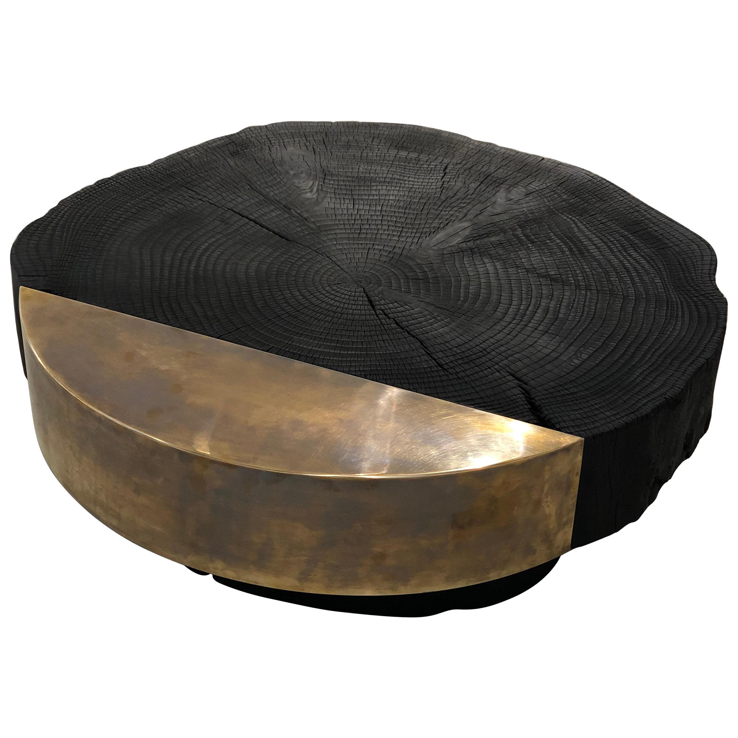 Cut Coffee Table in Burnished Wood and Patinated Brass by Studio F For Sale