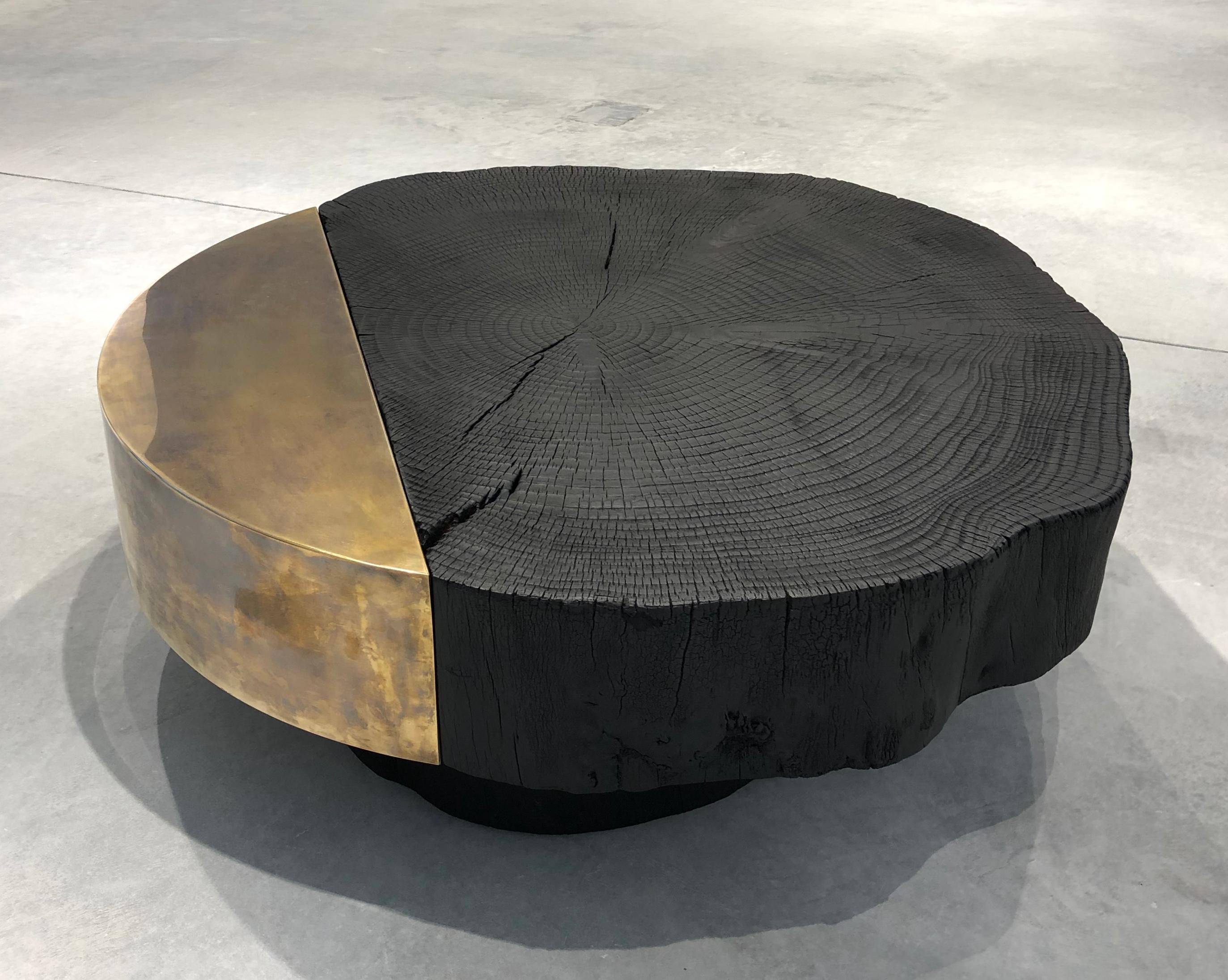 Italian Cut Coffee Table in Burnished Wood and Patinated Brass by Studio F