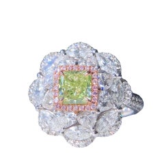 Cut Cornered Square Fancy Green-Yellow Diamond Cocktail Halo Ring 1.03 Carat SI1