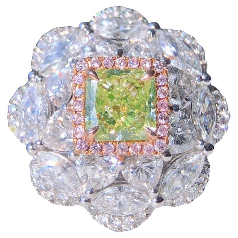 Cut Cornered Square Fancy Green-Yellow Diamond Cocktail Halo Ring 1.03 Carat SI1 For Sale