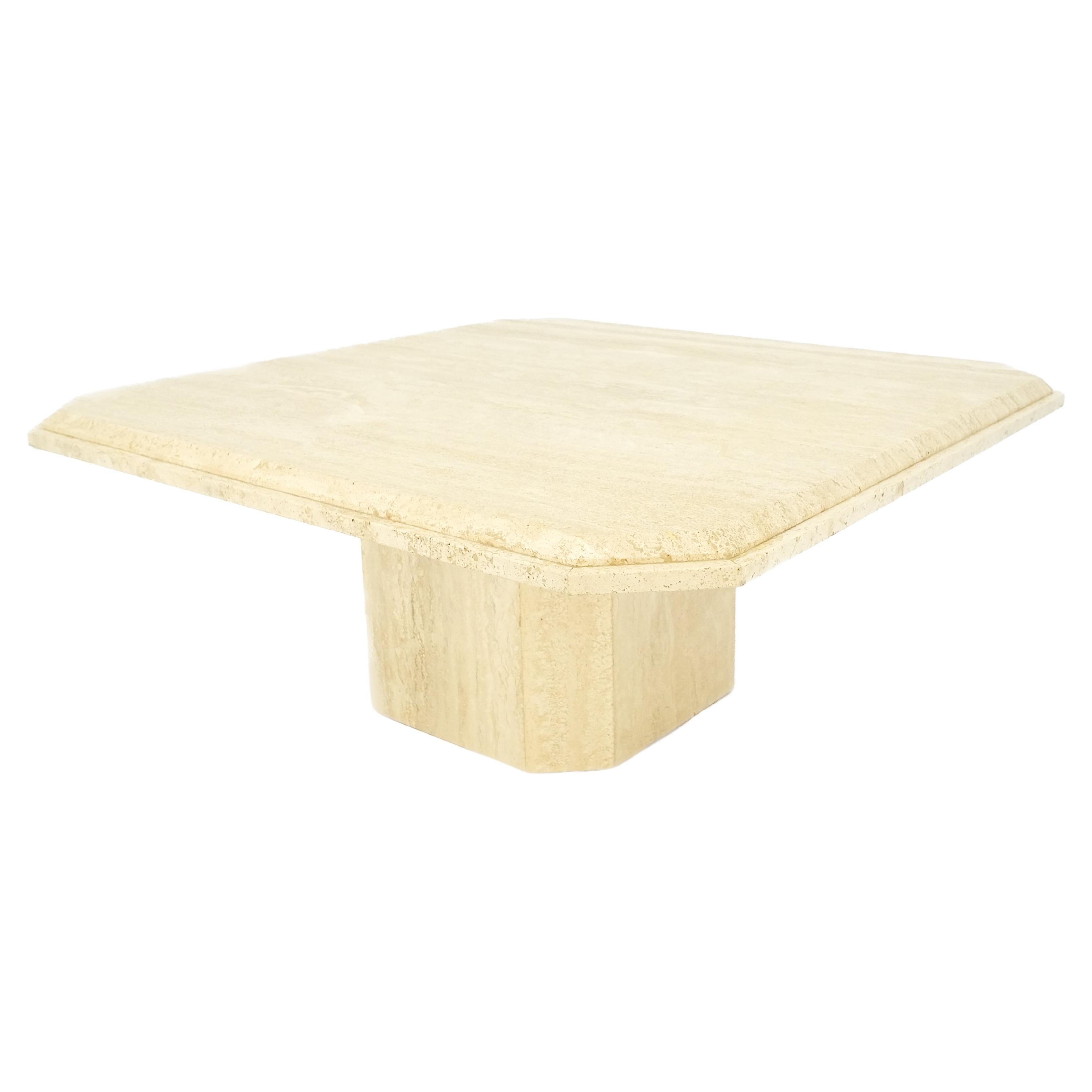 Cut Corners 40" Square Single Pedestal Base Italian  Travertine Coffee Table  For Sale