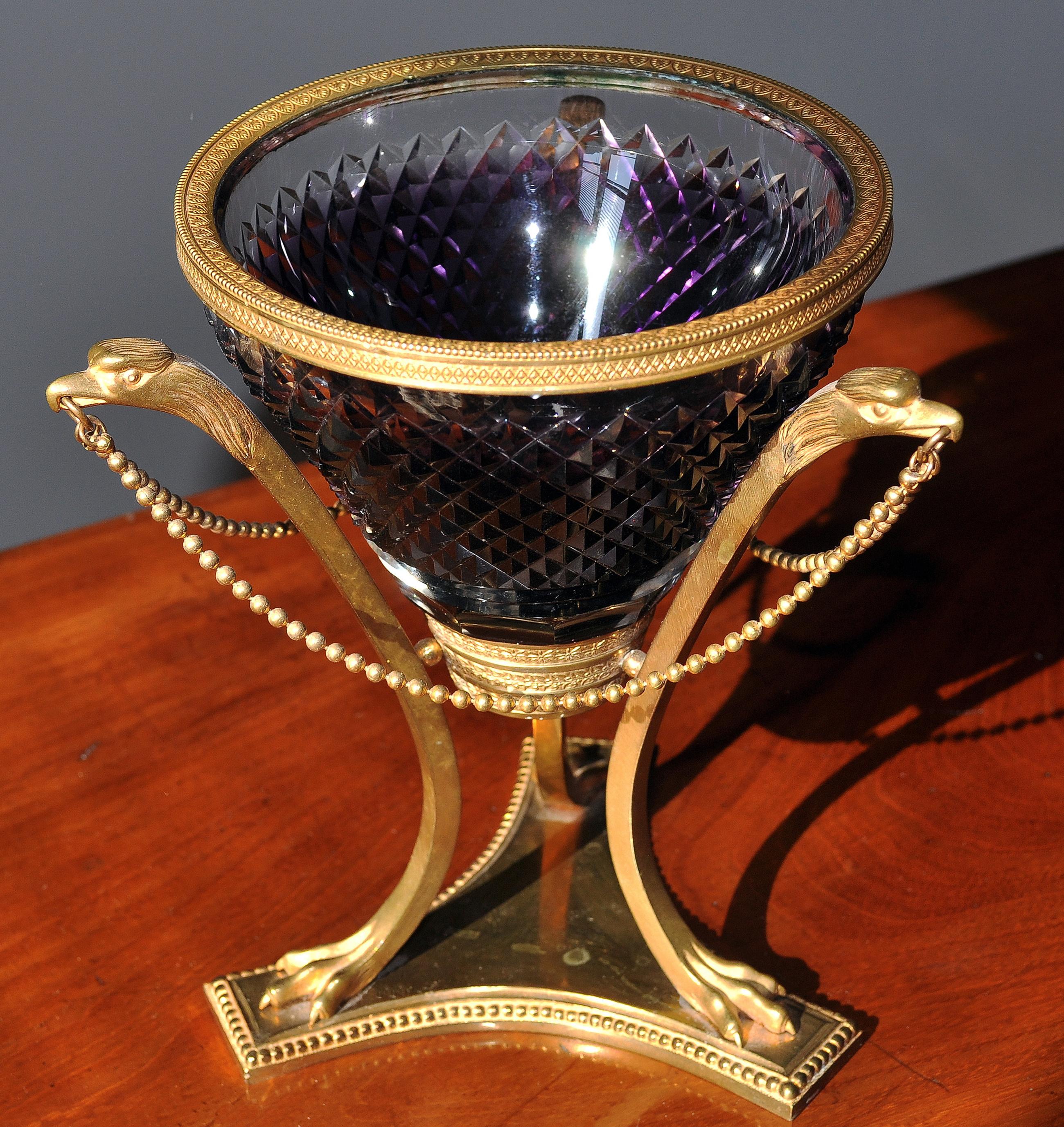 Cut Crystal Amethyst glass Vase w Gilt bronze Griffins and Lion paws Empire For Sale 5