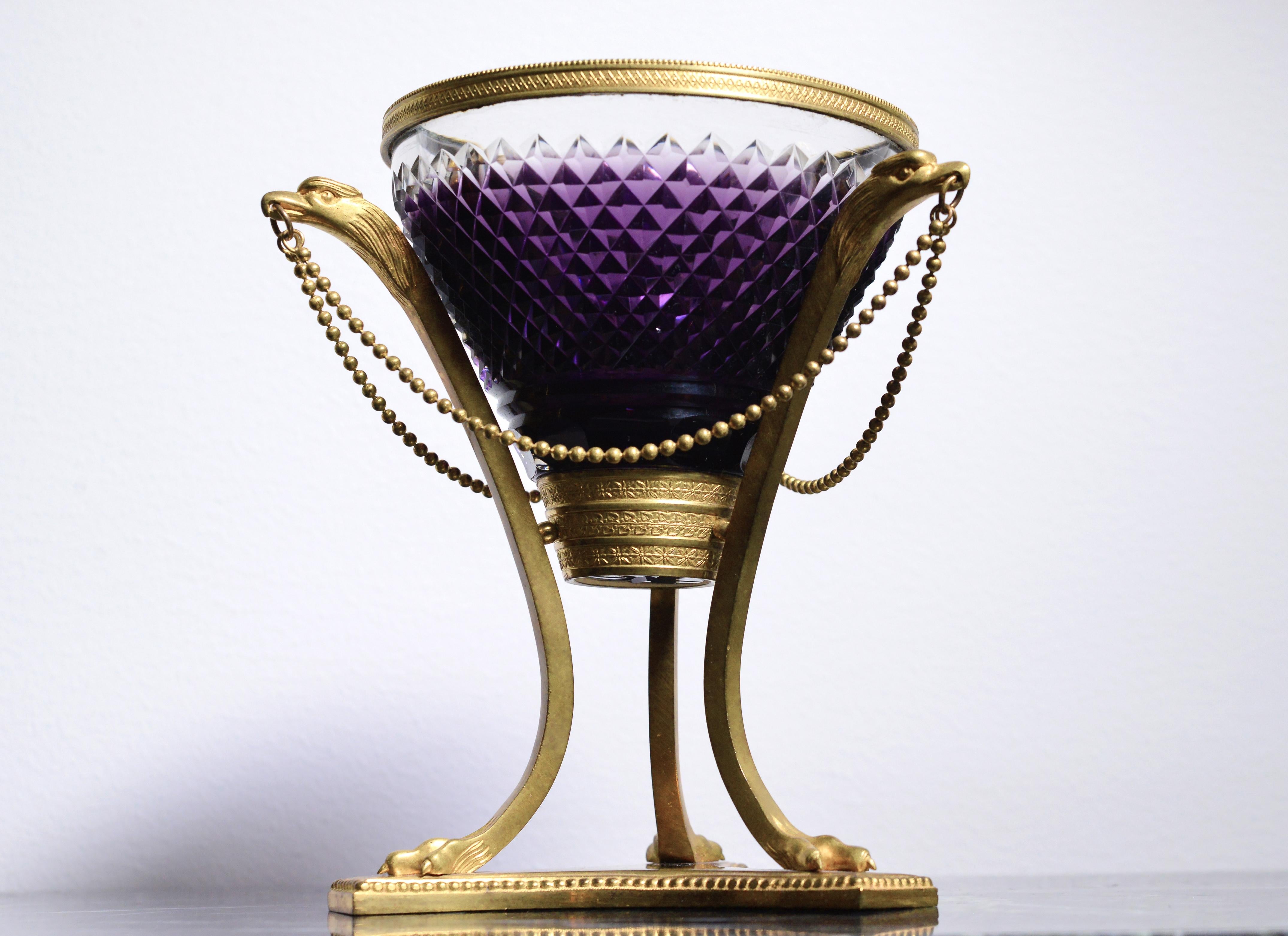 Carved Cut Crystal Amethyst glass Vase w Gilt bronze Griffins and Lion paws Empire For Sale