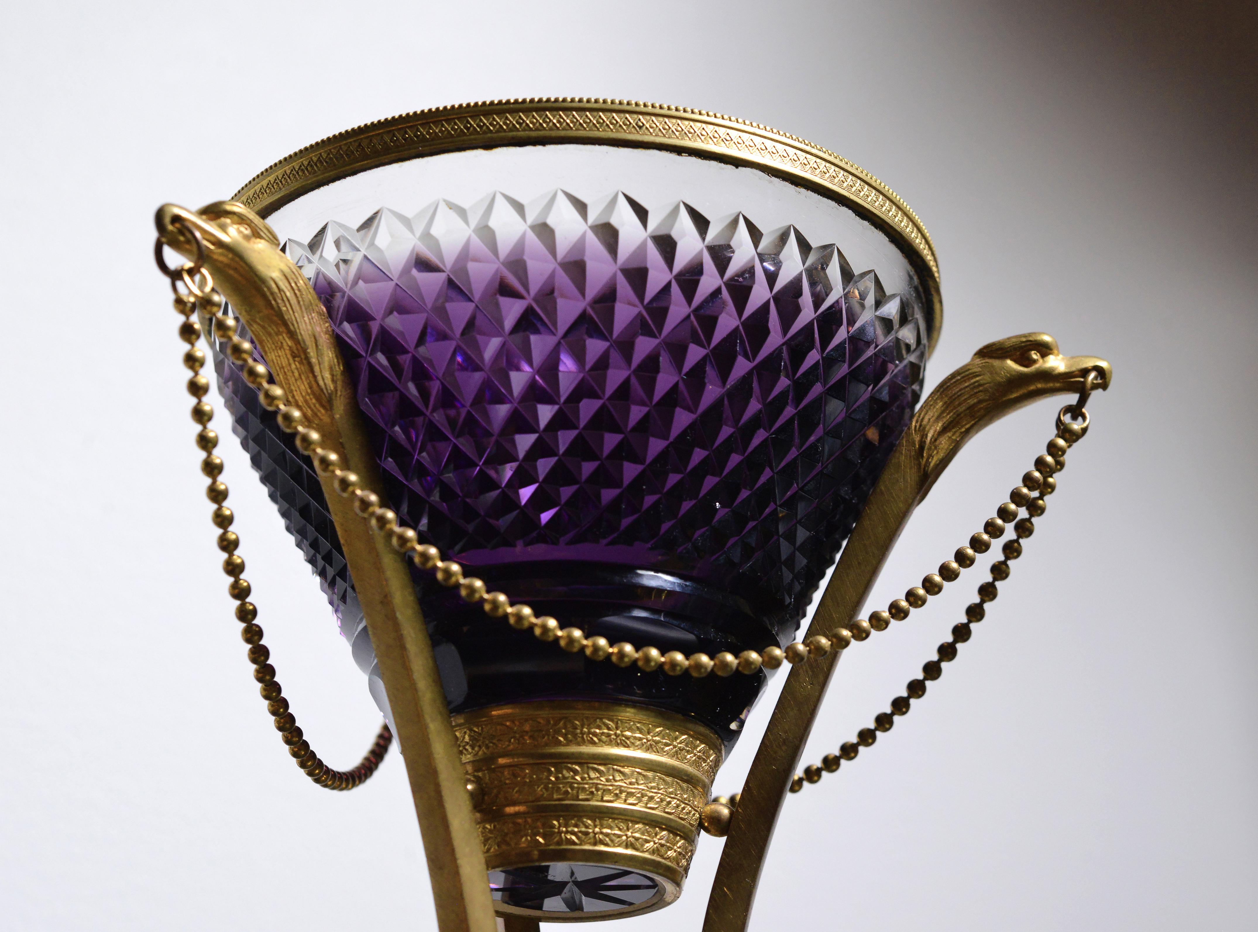 Cut Crystal Amethyst glass Vase w Gilt bronze Griffins and Lion paws Empire In Good Condition For Sale In Sweden, SE