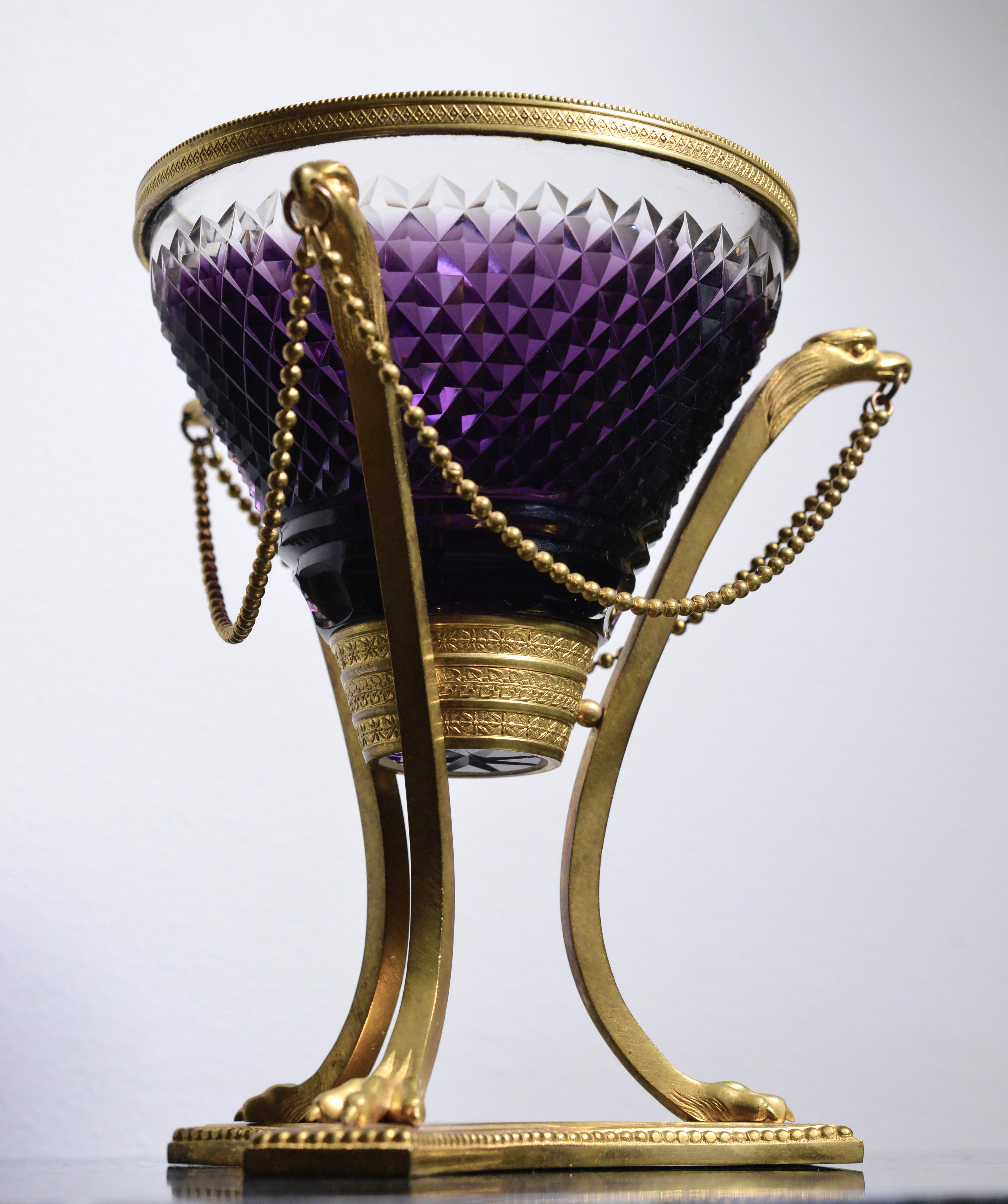 Cut Crystal Amethyst glass Vase w Gilt bronze Griffins and Lion paws Empire In Good Condition For Sale In Sweden, SE