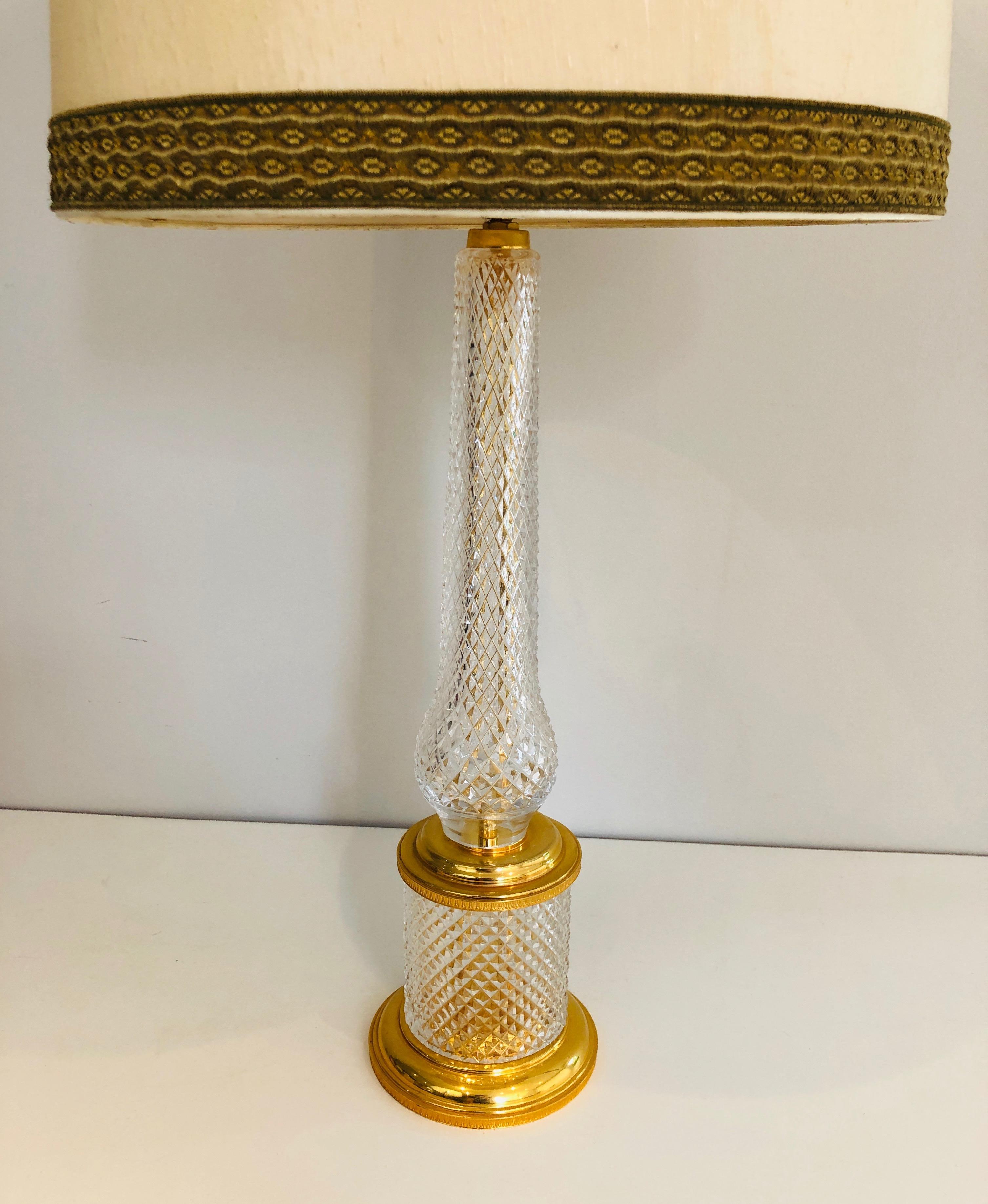 Mid-Century Modern Cut Crystal and Gilt Metal Table Lamp, French, Circa 1970