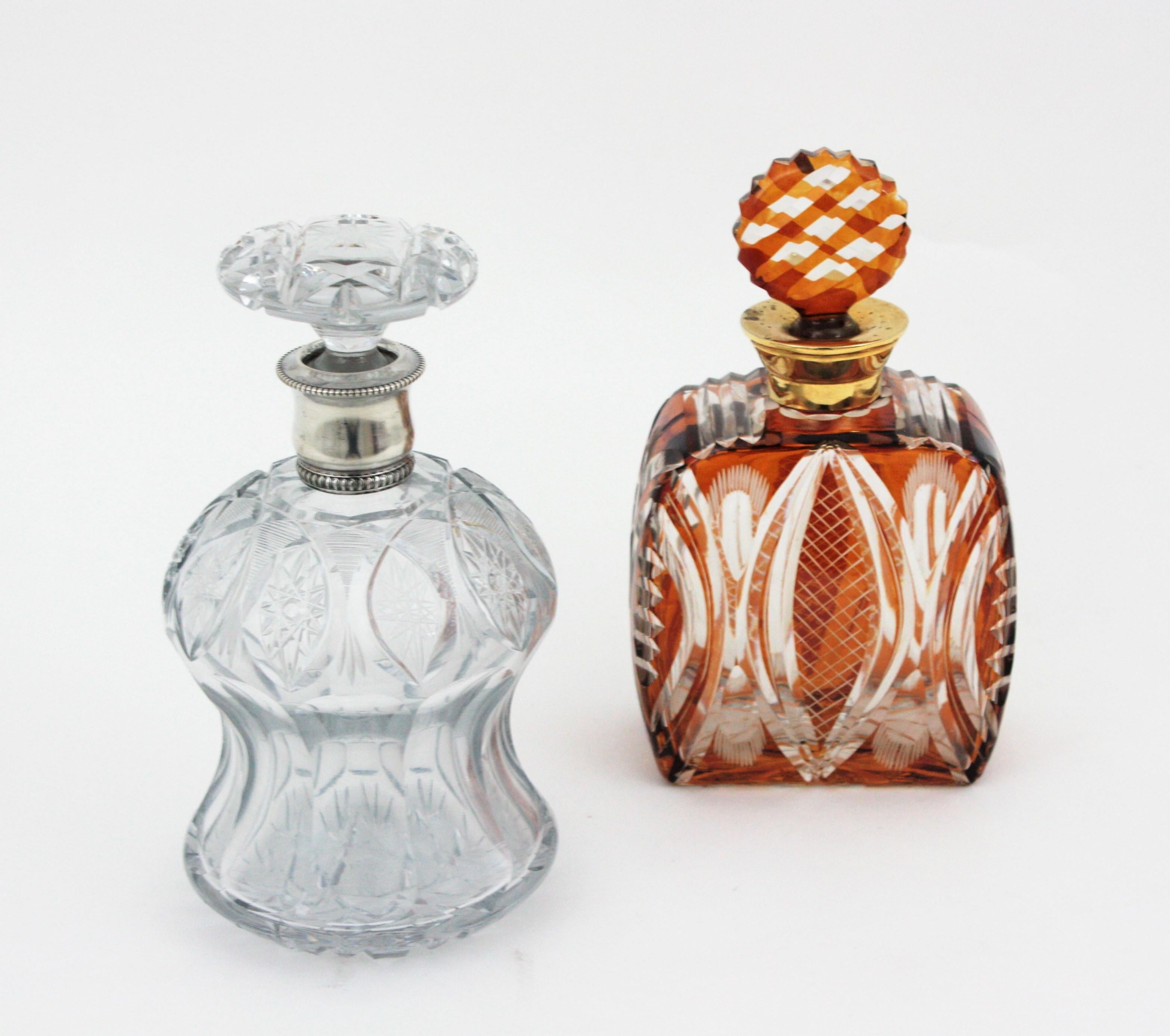 Art déco Set de carafes à boissons en cristal ambré et clair taillé et en argent en vente
