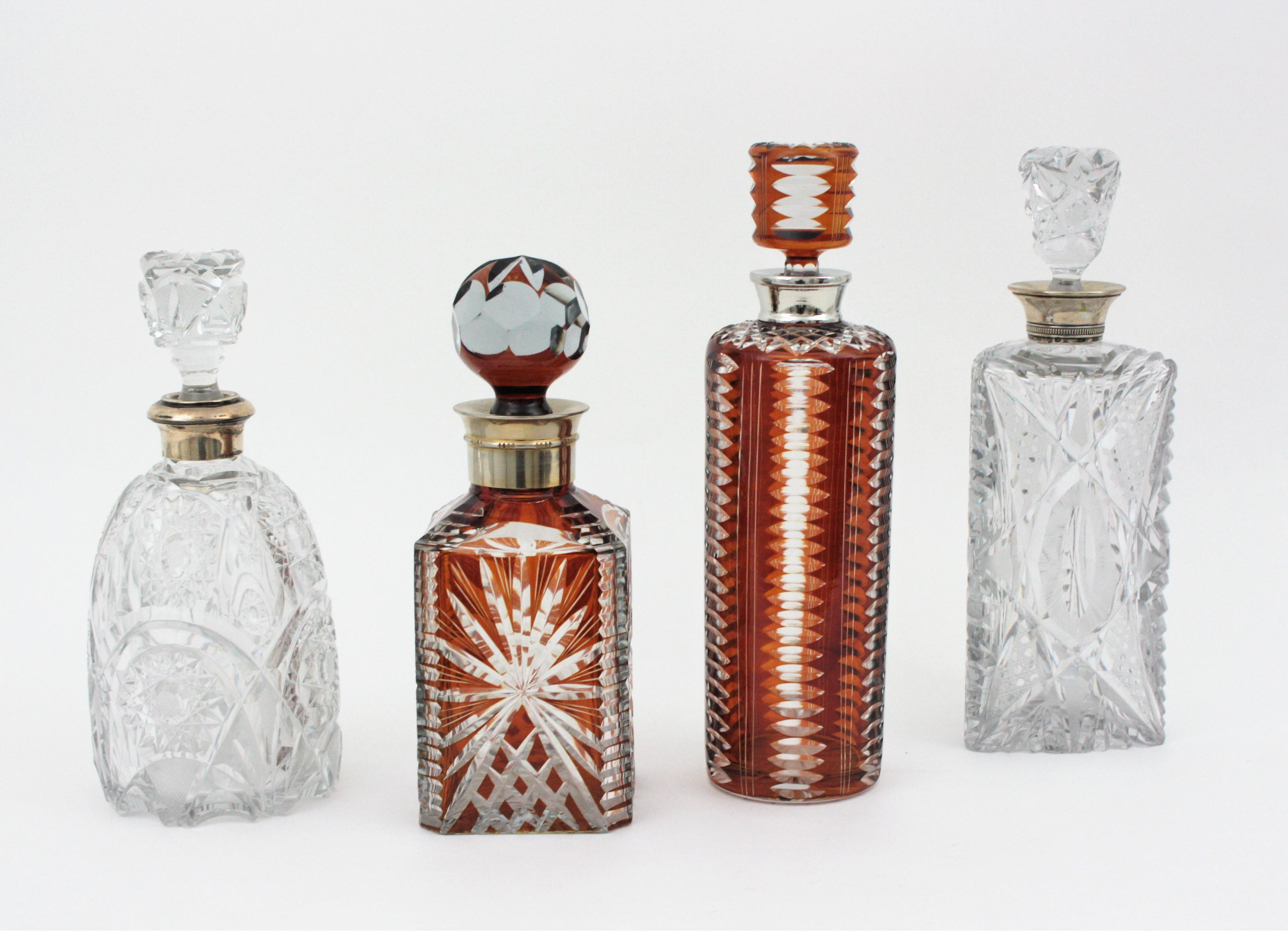 Cut Crystal and Silver Amber Drinks Decanter Set In Good Condition In Barcelona, ES