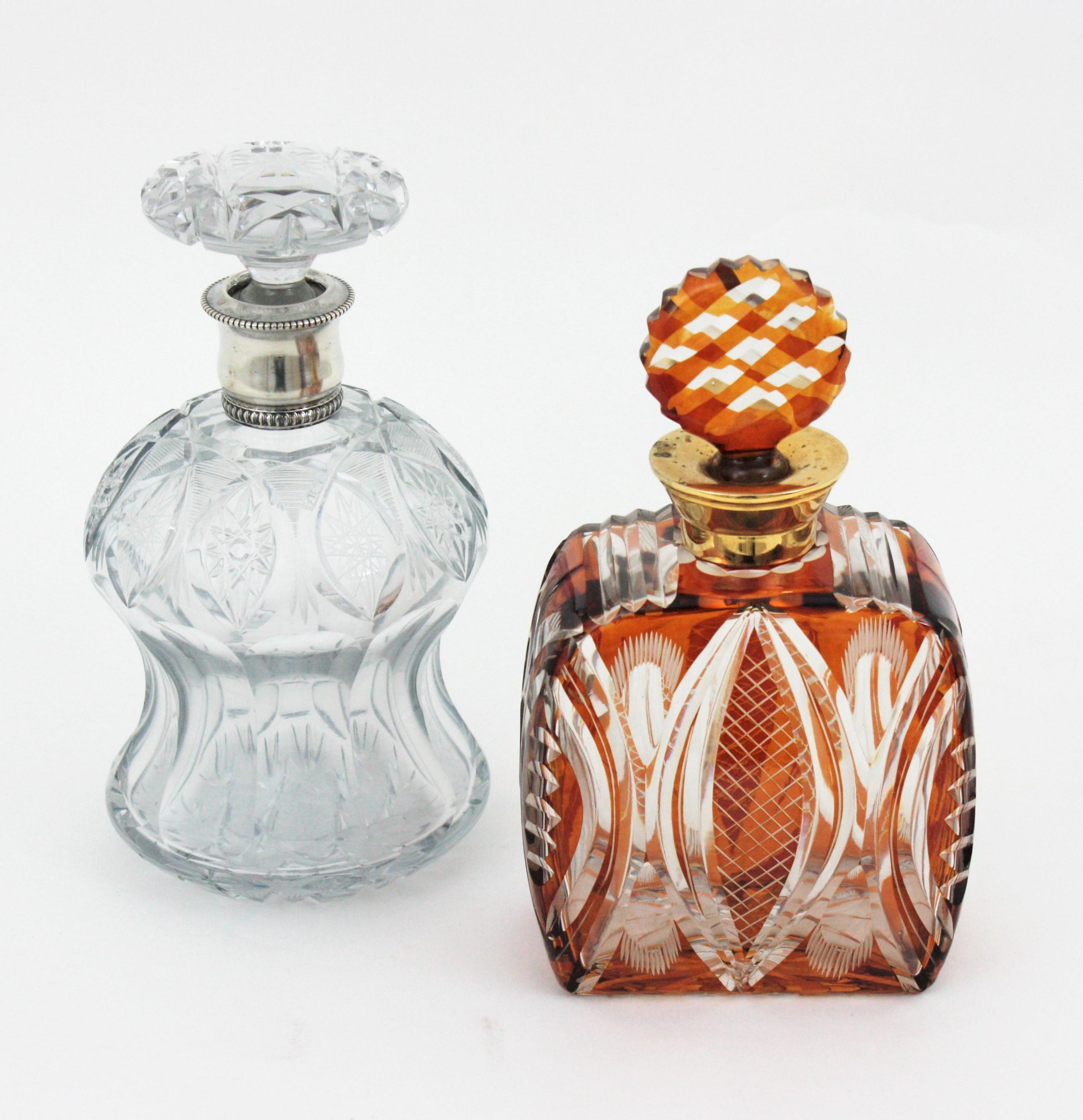 Drinks Decanter Set in Amber and Clear Cut Crystal and Silver In Good Condition For Sale In Barcelona, ES