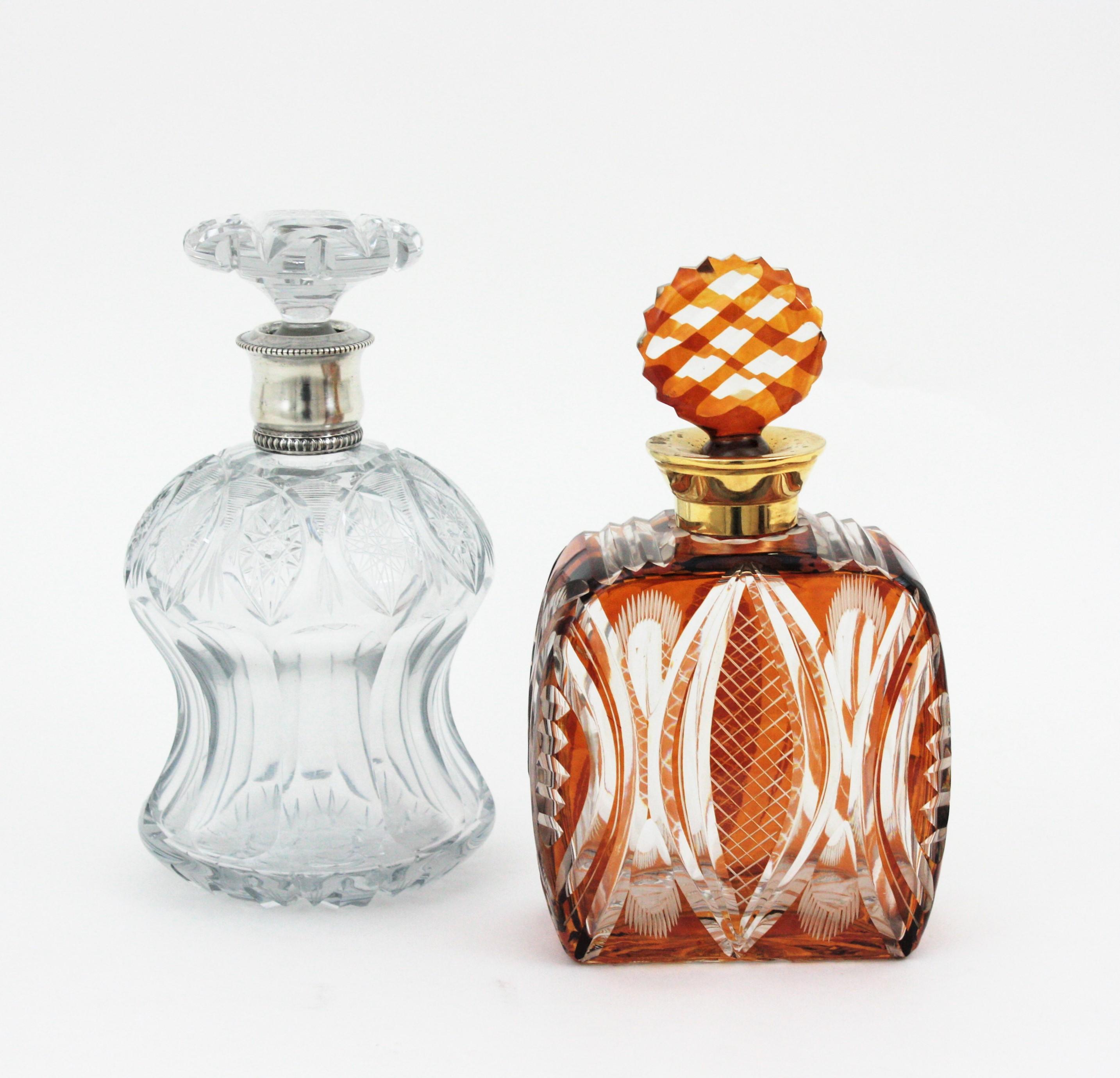 Métal Set de carafes à boissons en cristal ambré et clair taillé et en argent en vente