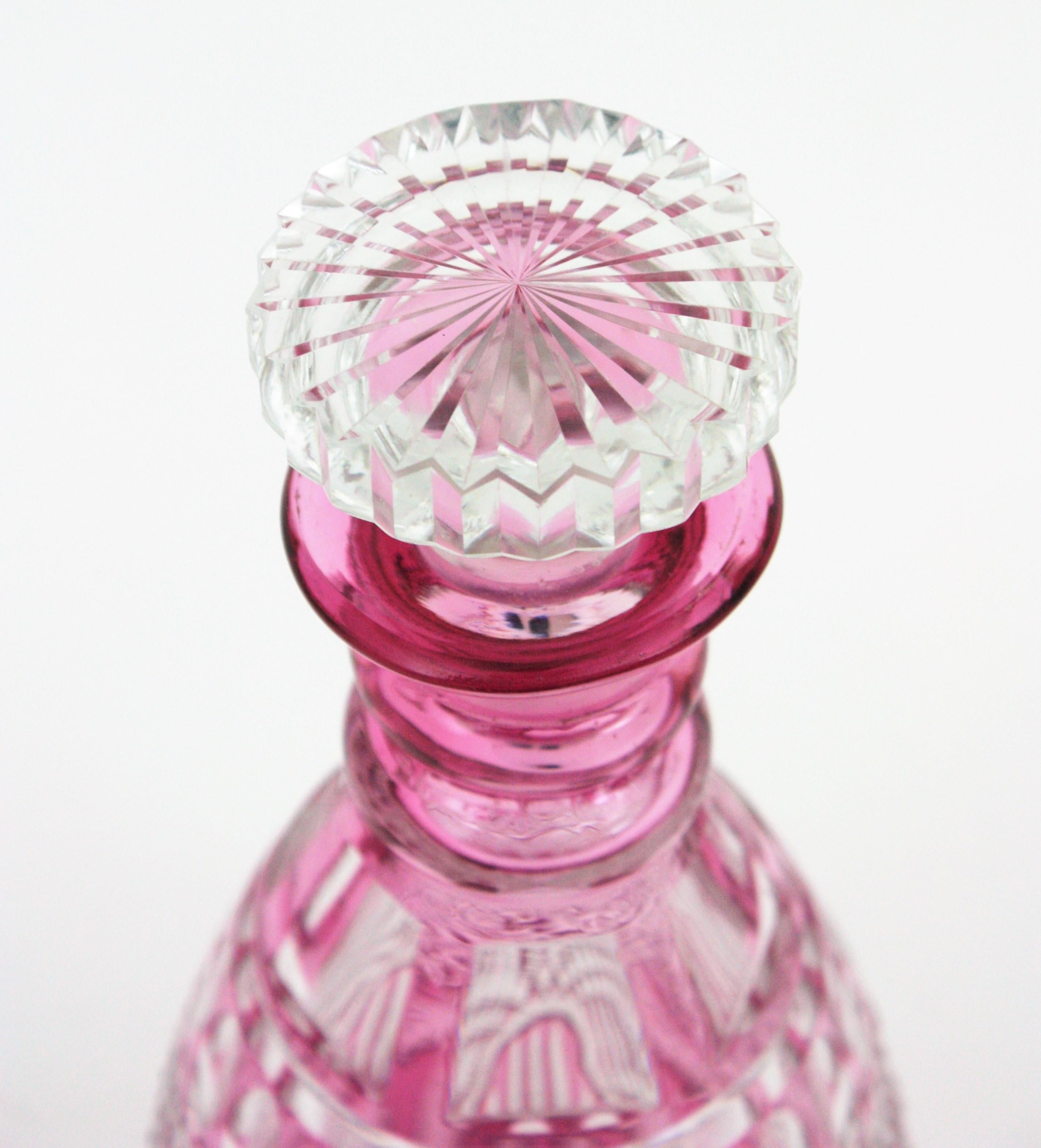 Drinks Decanter Set in Pink and Clear Cut Crystal and Silver For Sale 3