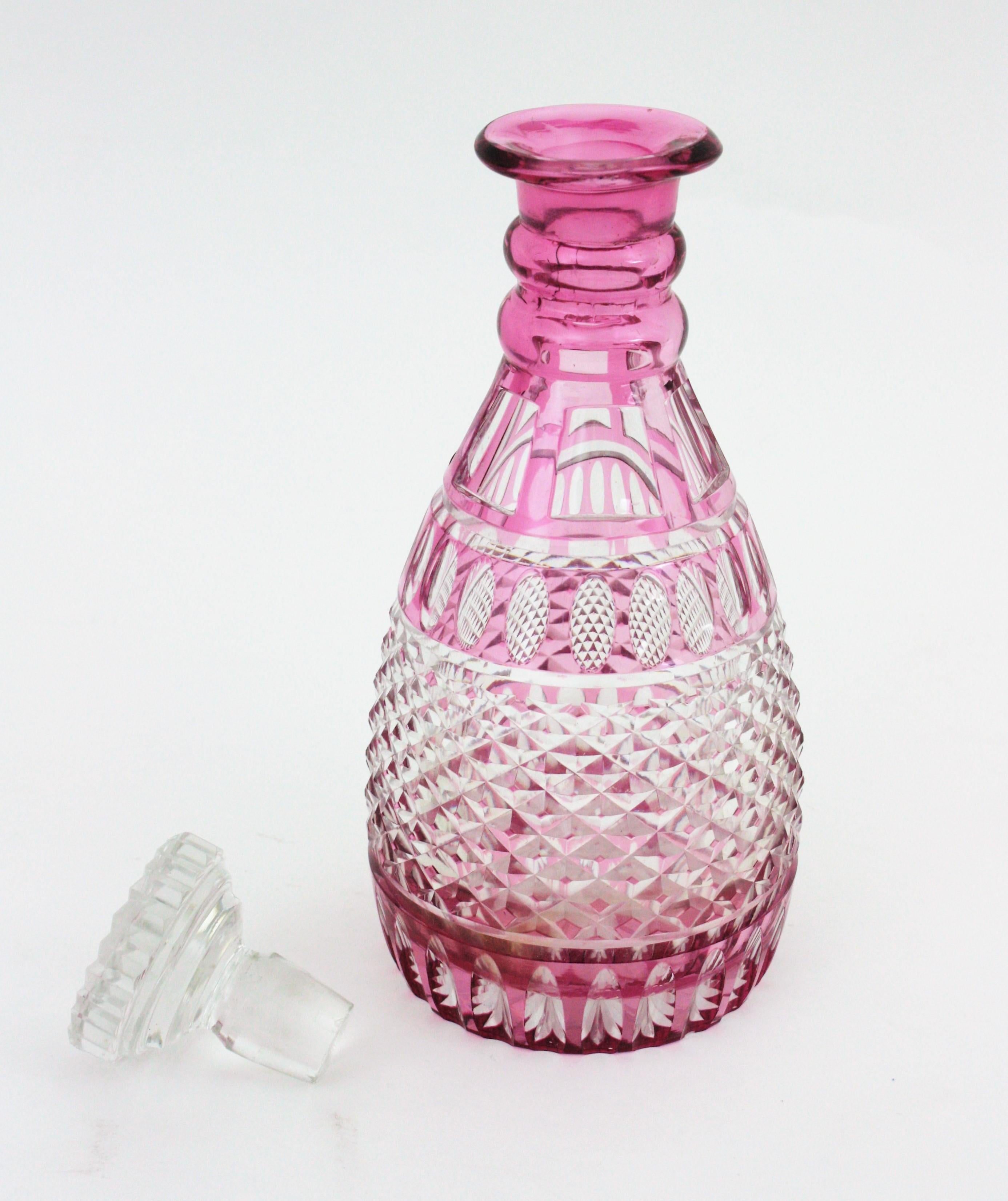 Drinks Decanter Set in Pink and Clear Cut Crystal and Silver For Sale 7