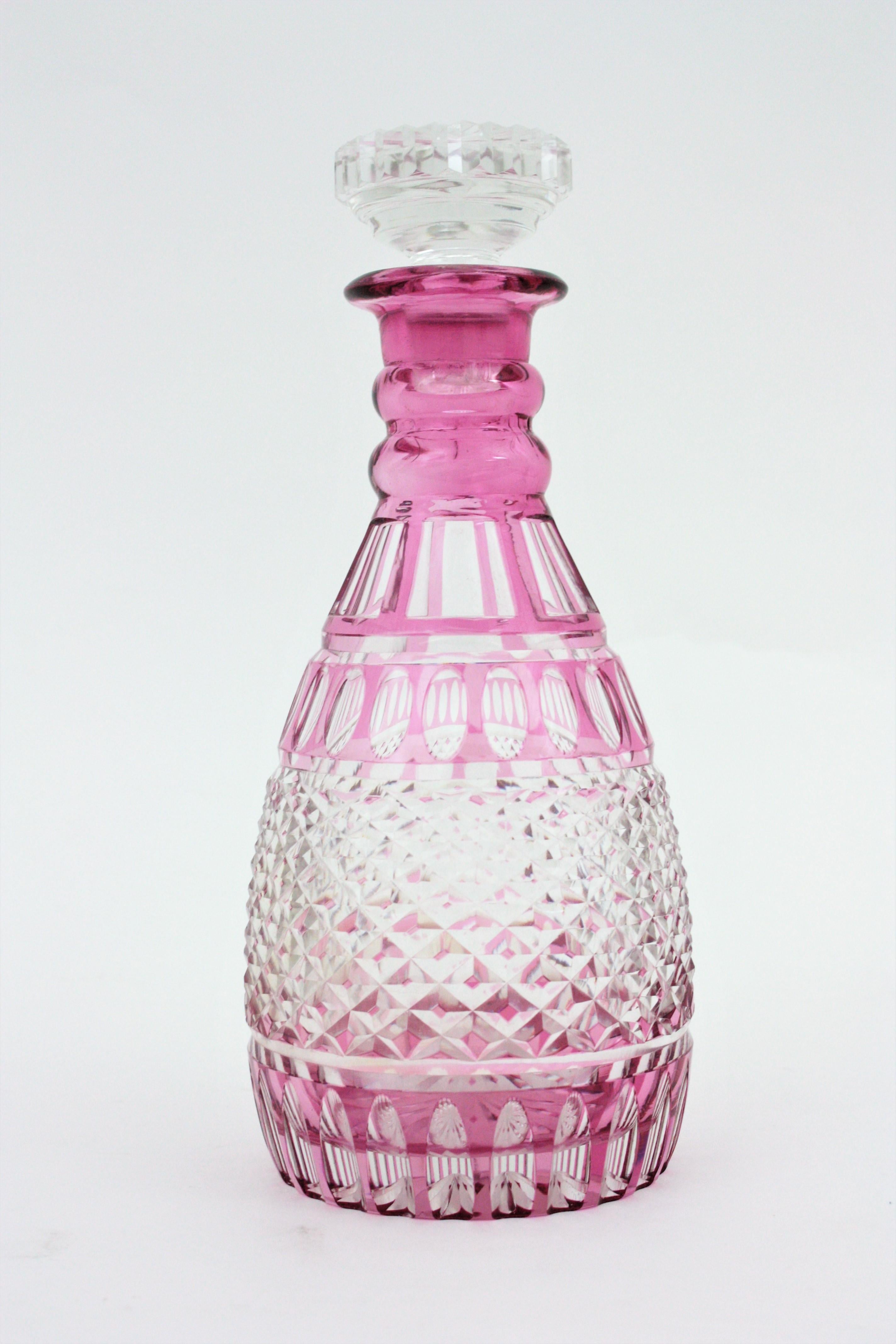 Drinks Decanter Set in Pink and Clear Cut Crystal and Silver For Sale 9