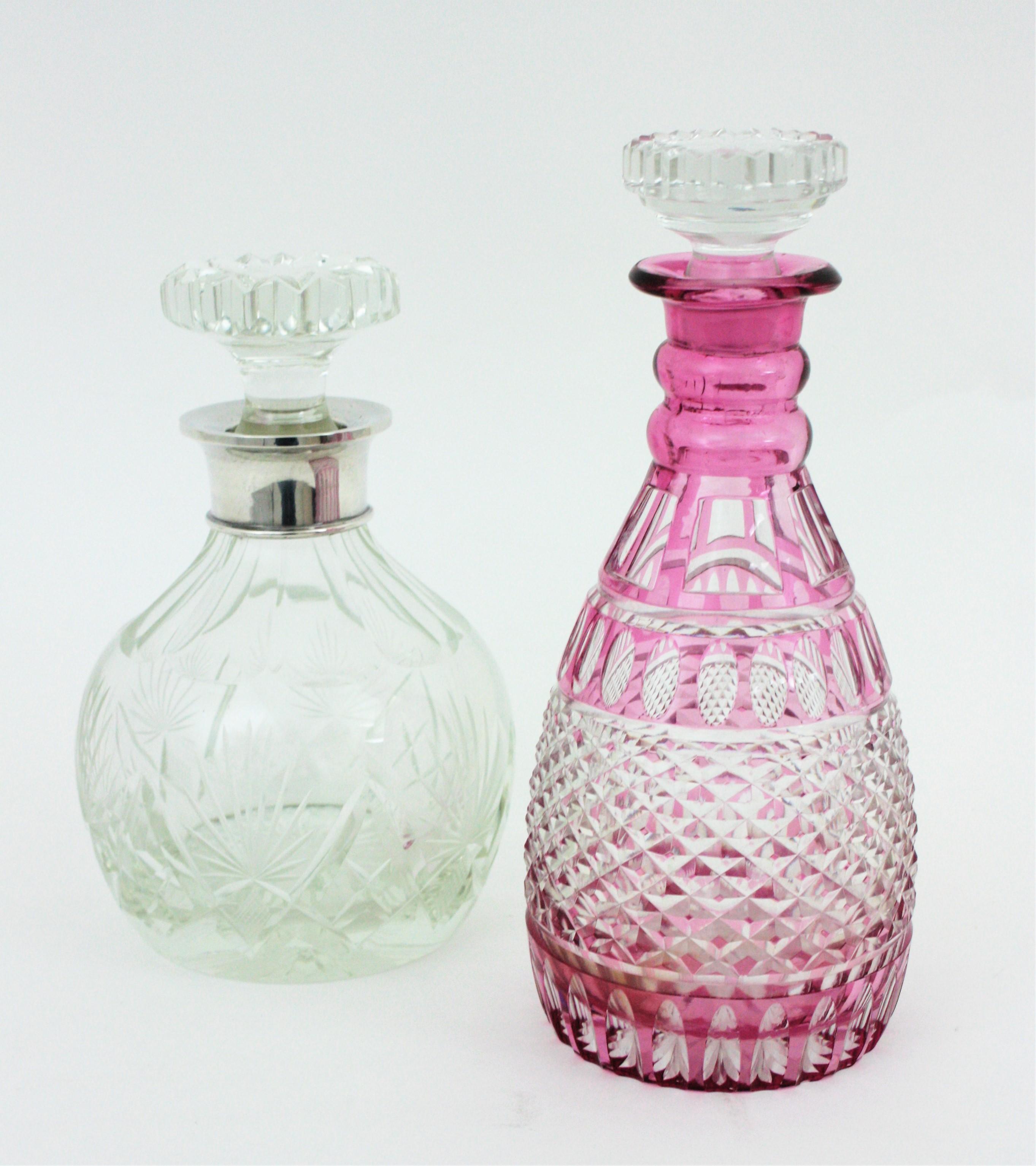 Drinks Decanter Set in Pink and Clear Cut Crystal and Silver For Sale 10
