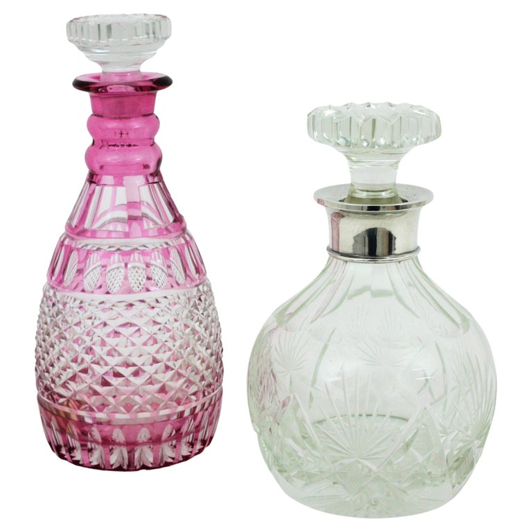 Cut Crystal and Silver Clear and Pink Drinks Decanter Set For Sale at