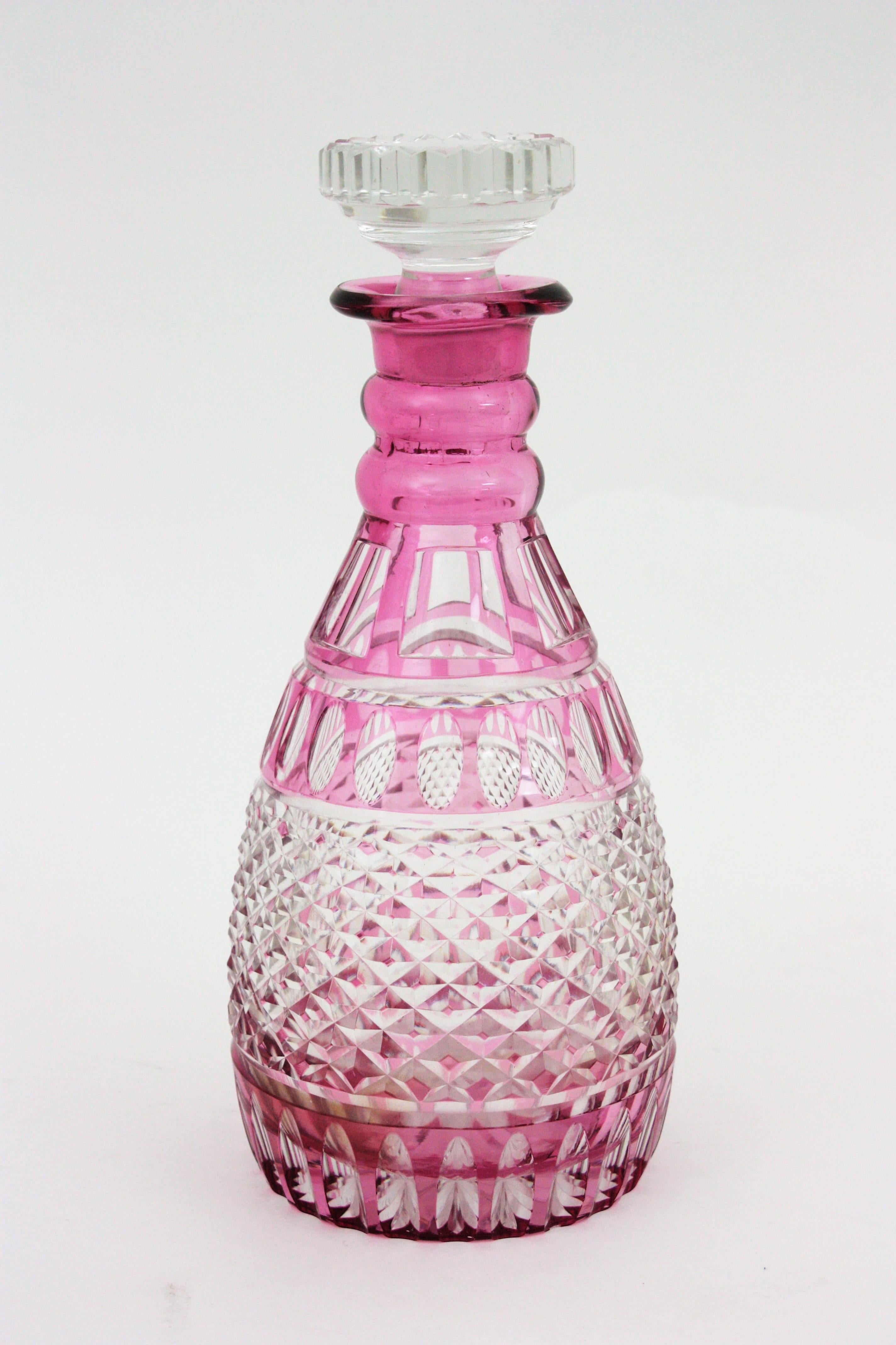 Art Deco Drinks Decanter Set in Pink and Clear Cut Crystal and Silver For Sale
