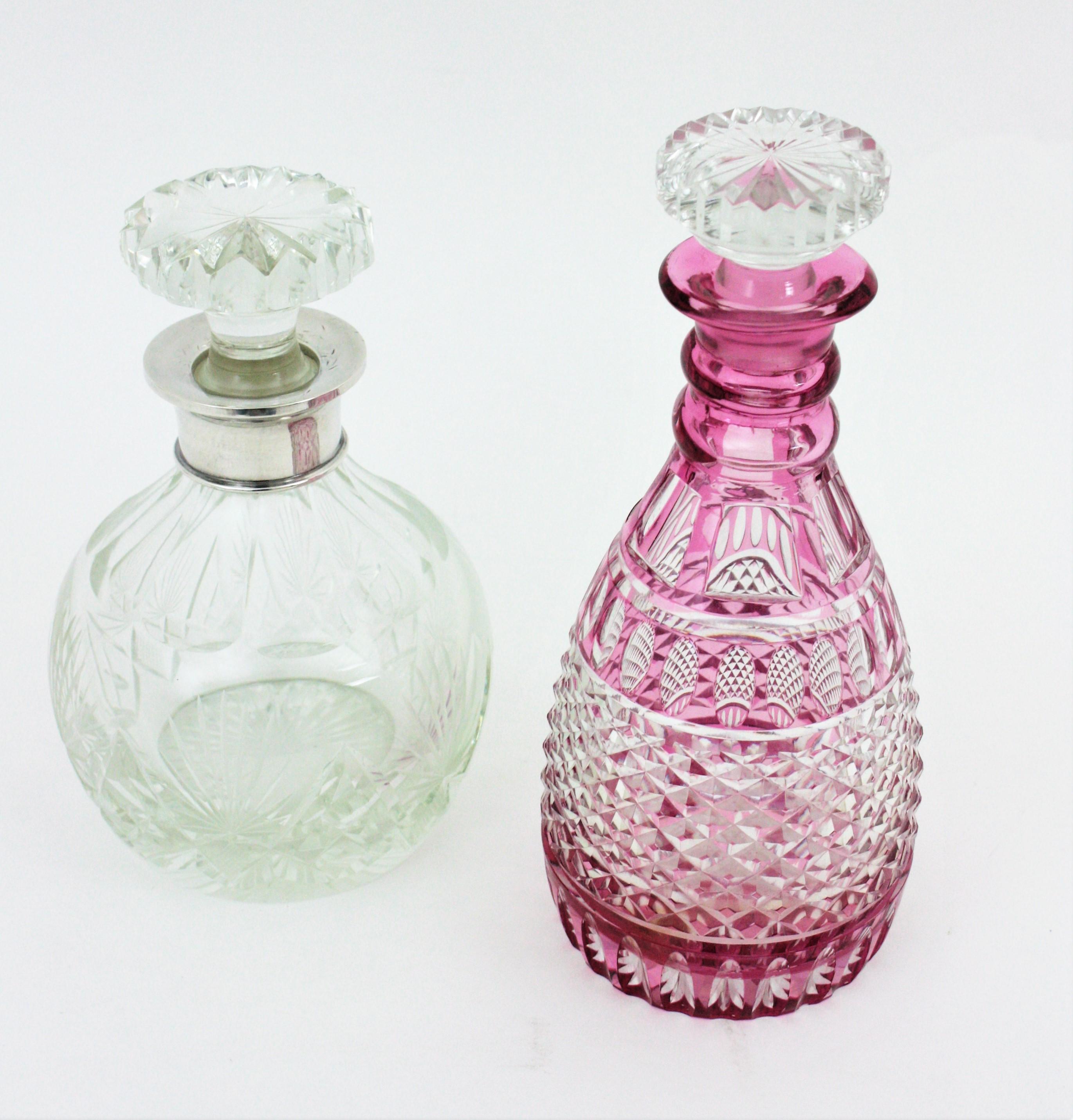 Faceted Drinks Decanter Set in Pink and Clear Cut Crystal and Silver For Sale