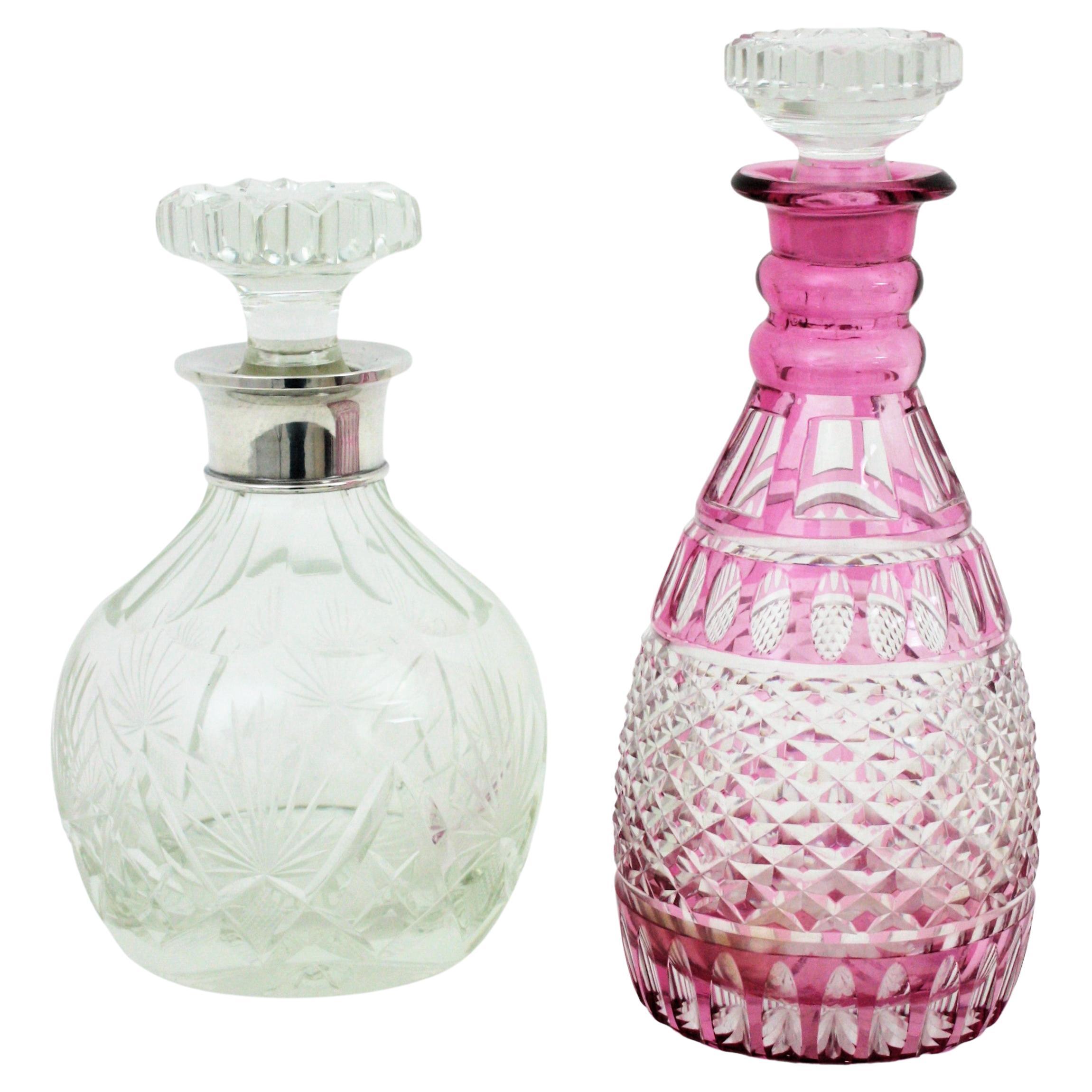 Drinks Decanter Set in Pink and Clear Cut Crystal and Silver For Sale