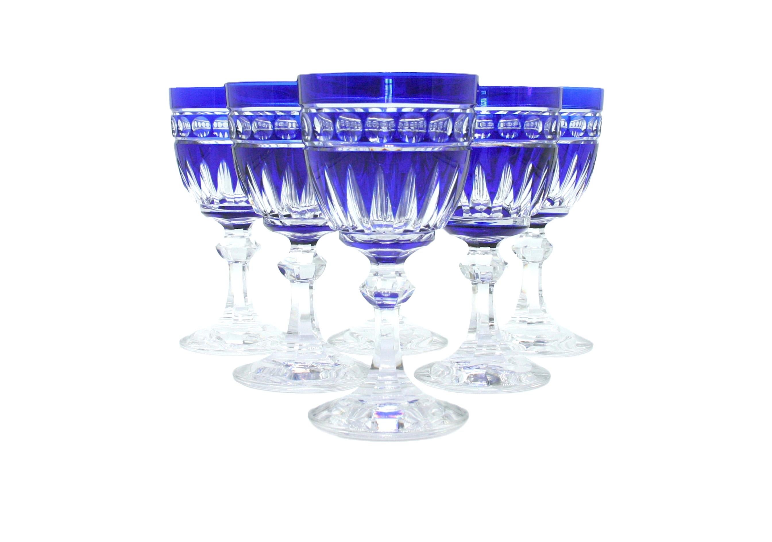 Exquisite set of Val Saint Lambert Barware / tableware cobalt blue crystal service for 12 people . Val crystal is regarded as some of the most magnificent ever made and renowned for their exquisite color. This exquisite cut to clear crystal glass