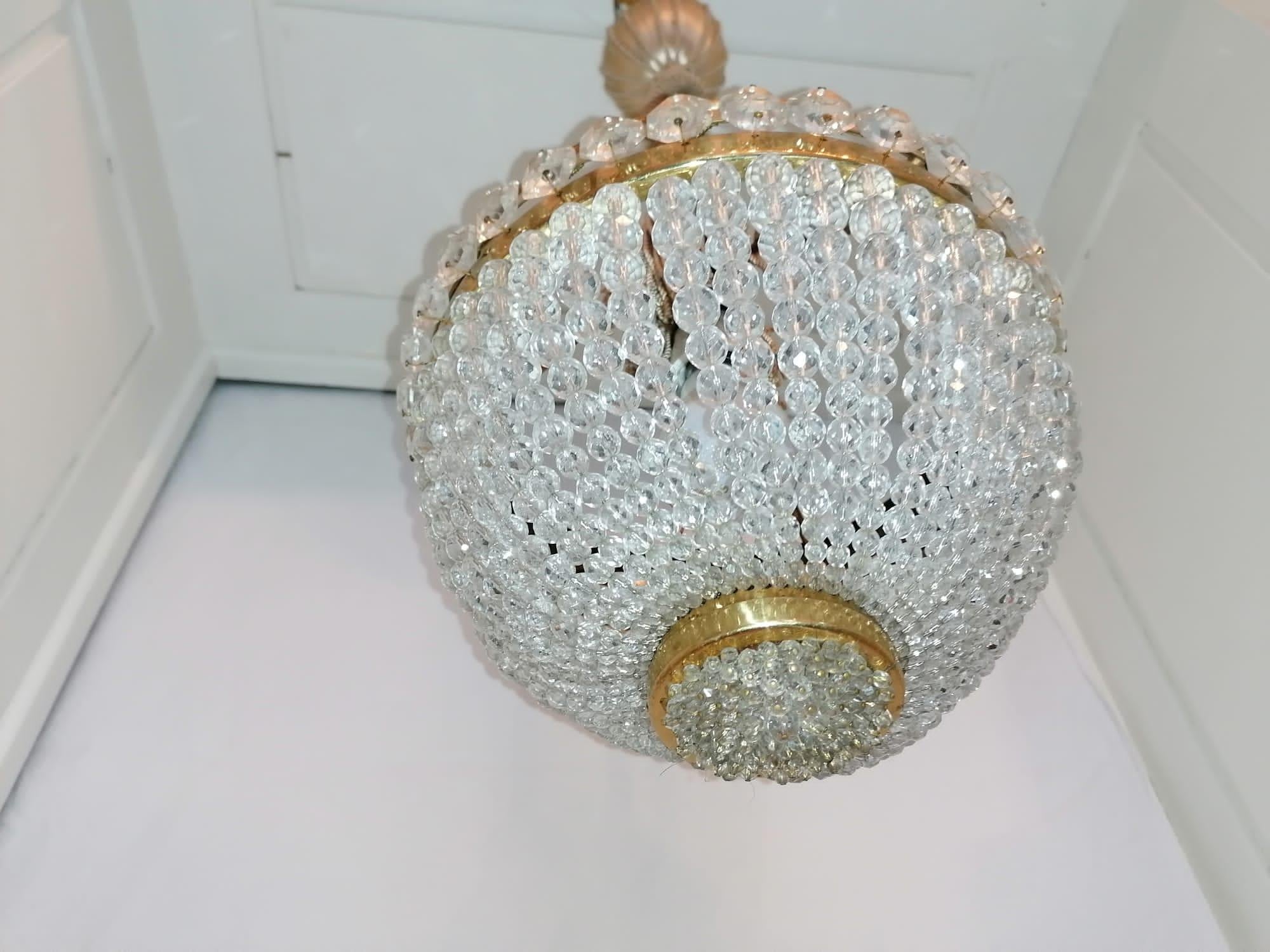 Mid-Century Modern Cut Crystal Brass Basket Chandelier  For Sale