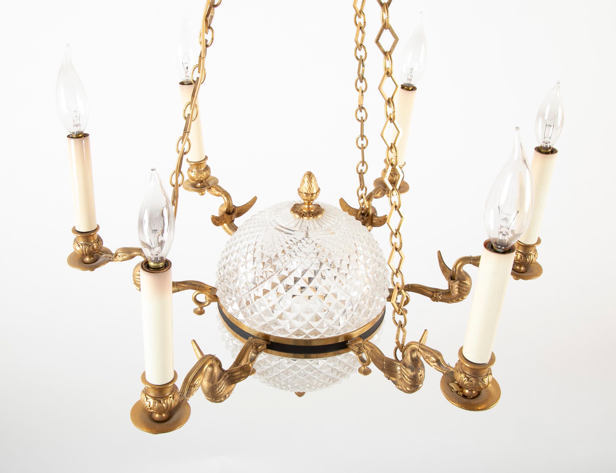 Cut Crystal Chandelier with Central Globe, Swan Arms and Elaborate Crown 6