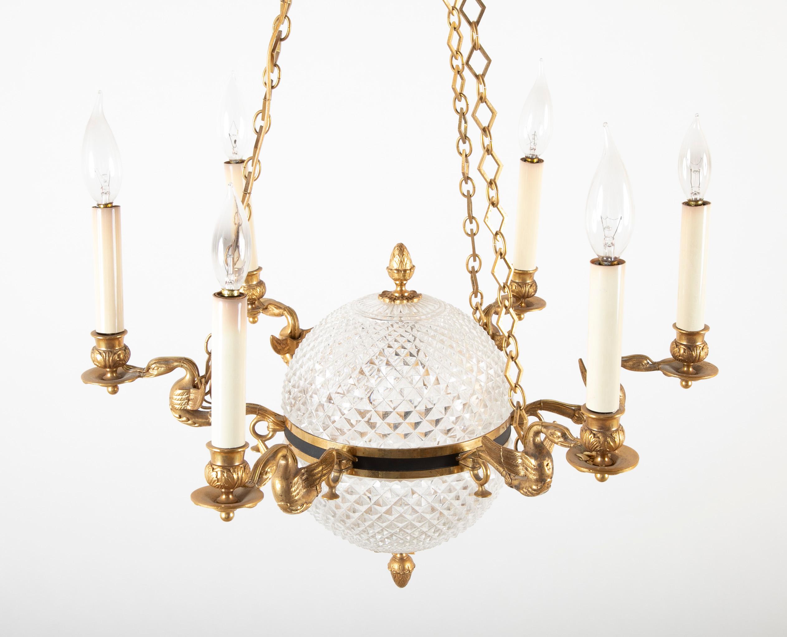 Cut Crystal Chandelier with Central Globe, Swan Arms and Elaborate Crown 7