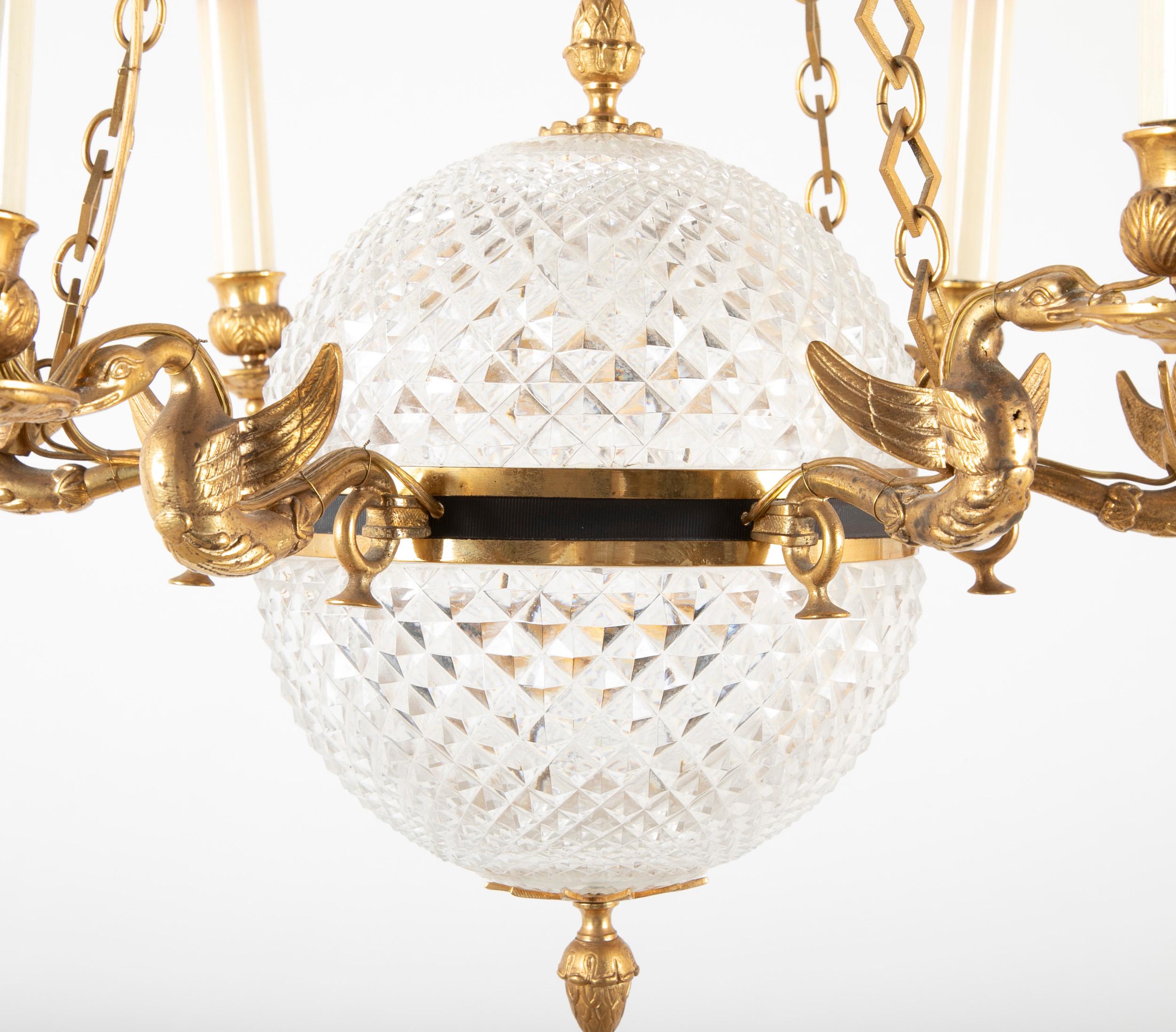 Cut Crystal Chandelier with Central Globe, Swan Arms and Elaborate Crown 8