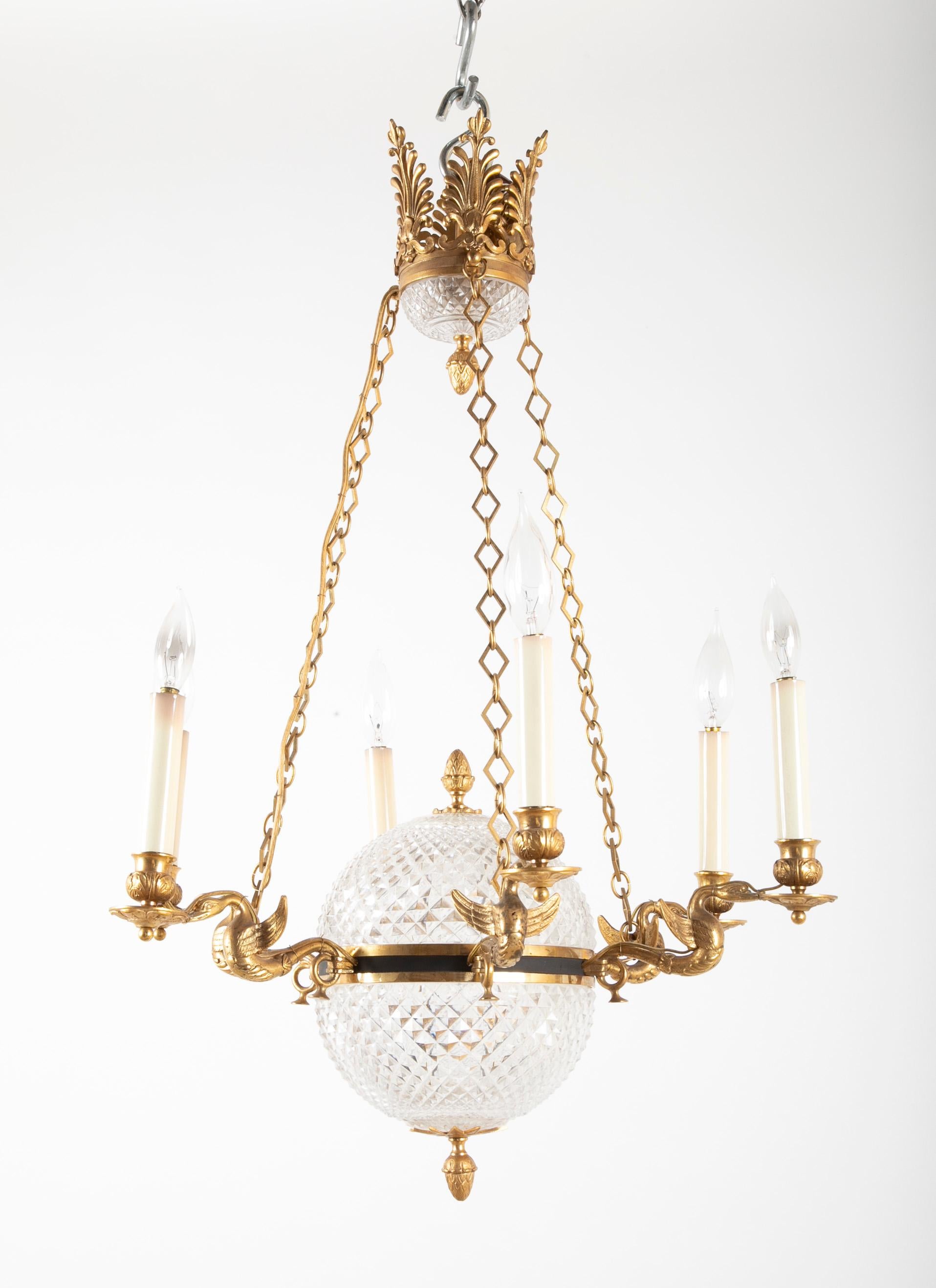 Cut Crystal Chandelier with Central Globe, Swan Arms and Elaborate Crown 9