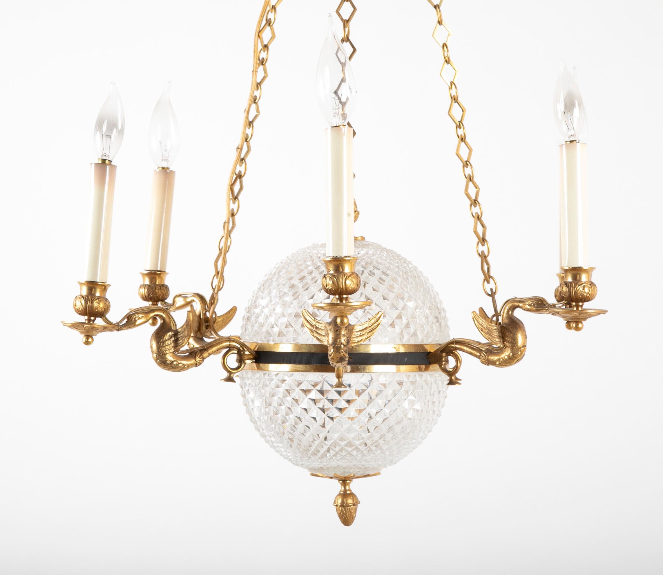 Baltic Cut Crystal Chandelier with Central Globe, Swan Arms and Elaborate Crown