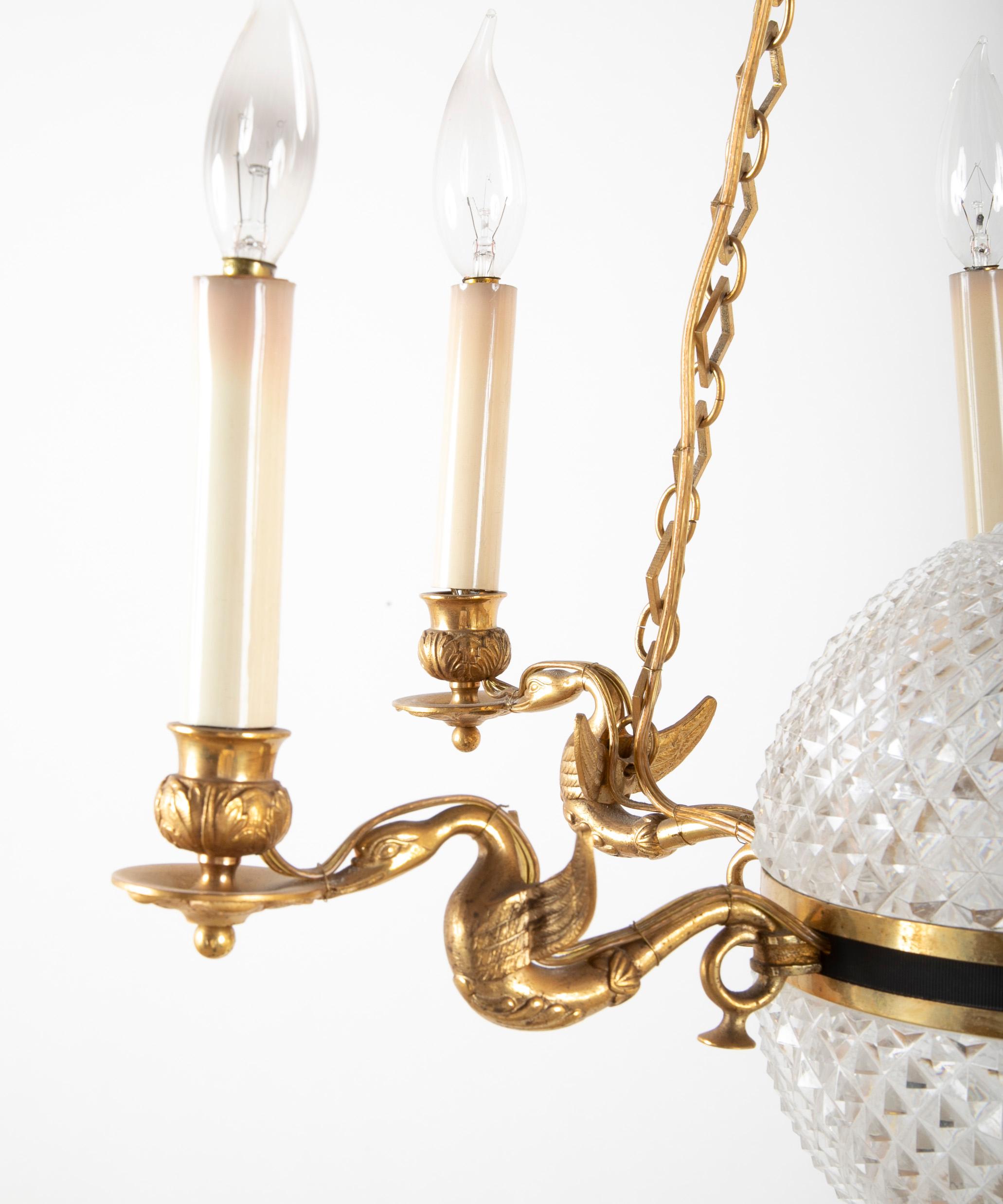 20th Century Cut Crystal Chandelier with Central Globe, Swan Arms and Elaborate Crown