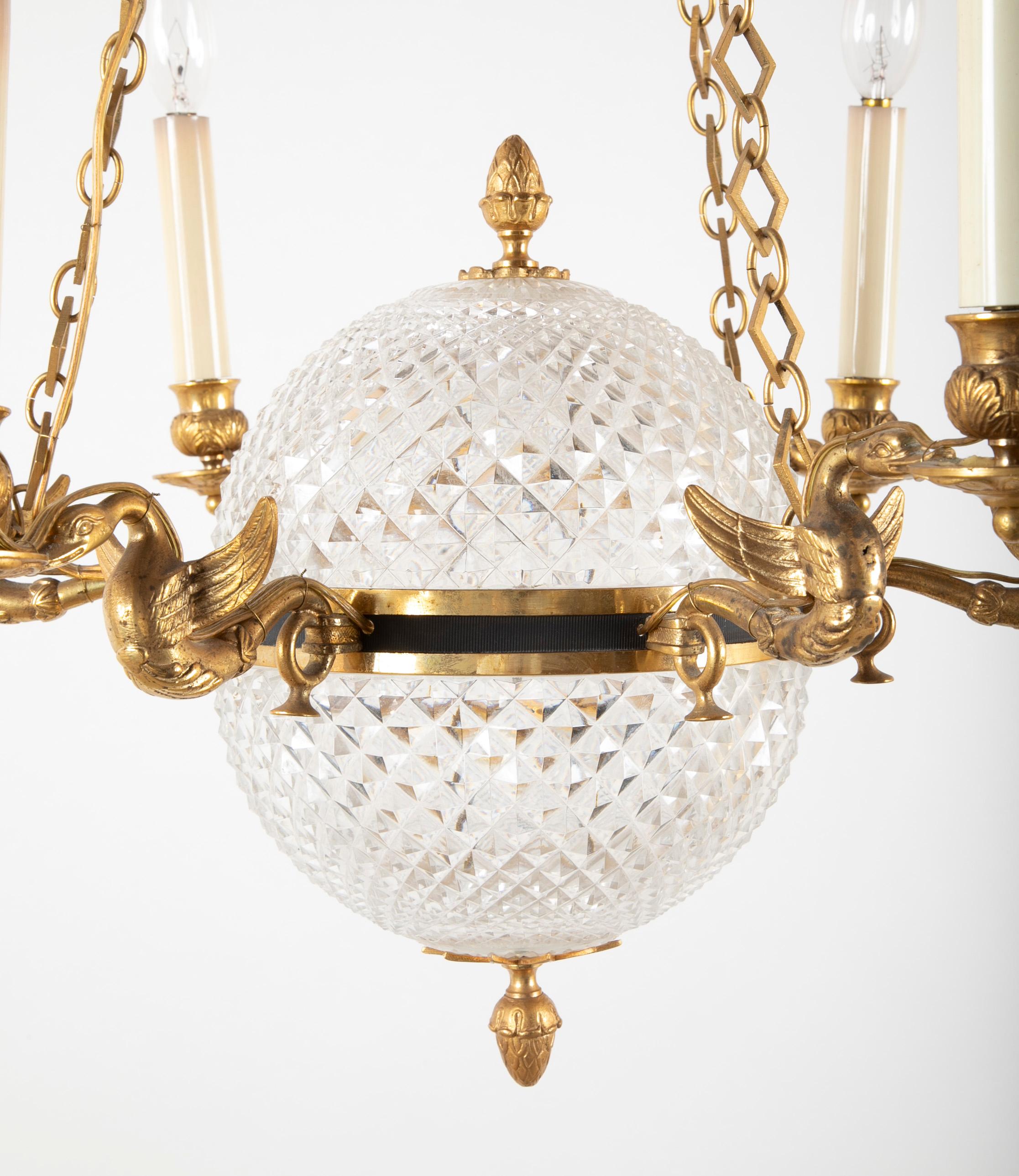 Cut Crystal Chandelier with Central Globe, Swan Arms and Elaborate Crown 1