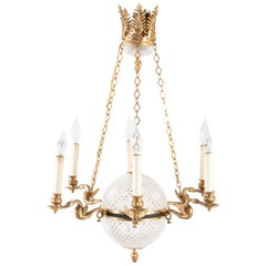 Cut Crystal Chandelier with Central Globe, Swan Arms and Elaborate Crown